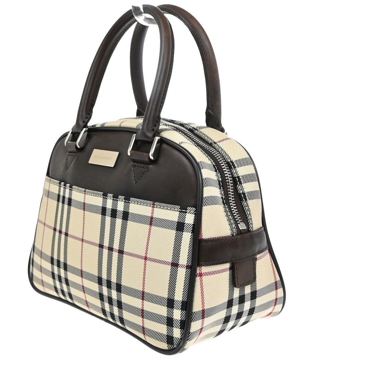 BURBERRY Logo Nova Check Hand Bag Canvas Leather Brown Silver 38KB493