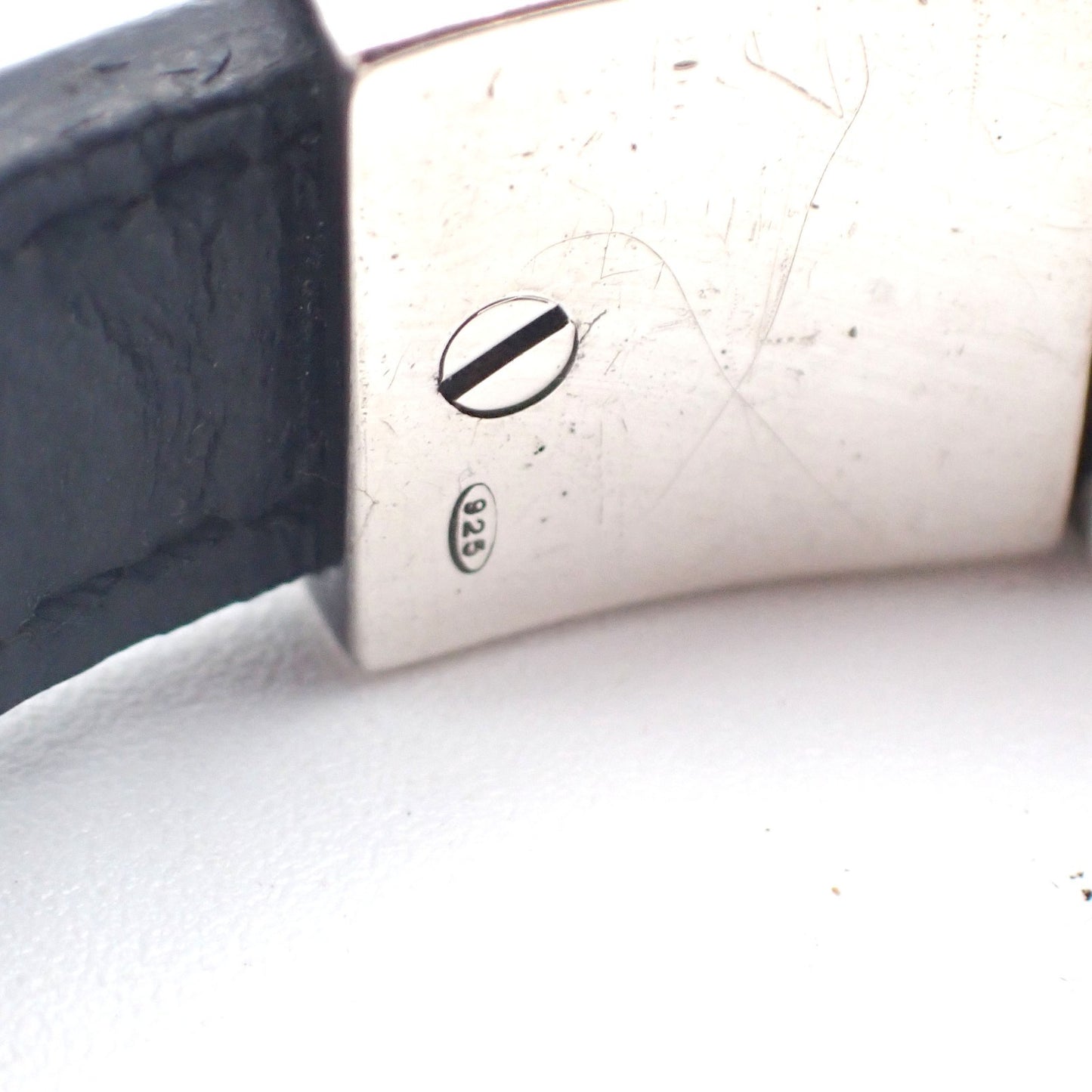 GUCCI Logo Bar Bracelet Bangle Leather Metal Black Silver925 Italy 01CA779