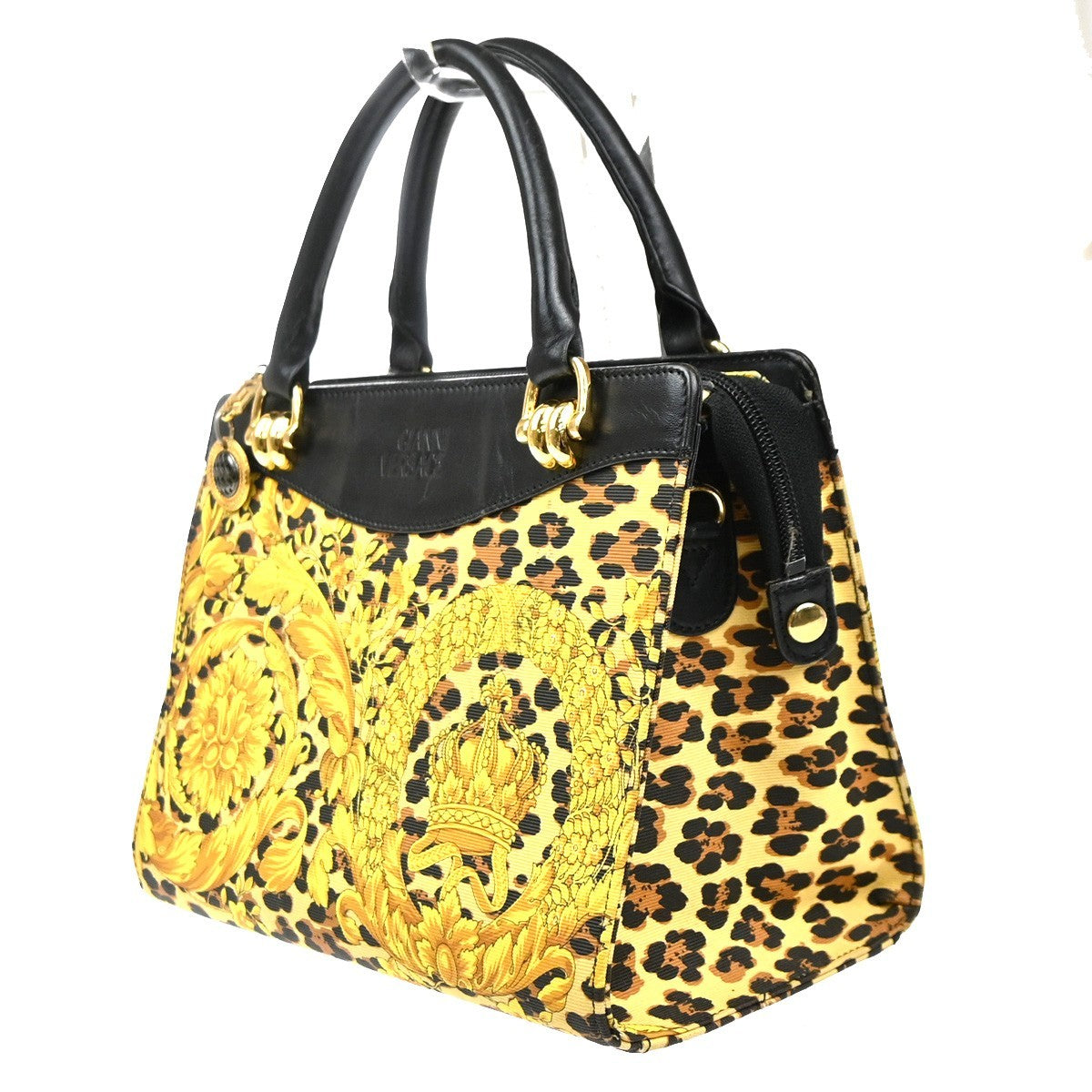 GIANNI VERSACE Logo Hand Bag Canvas Leather Yellow Black Italy GHW 30MA670