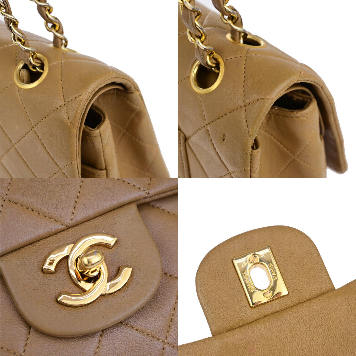 CHANEL CC Matelasse 25 Double Flap Chain Shoulder Bag Leather Beige GHW 332RK663