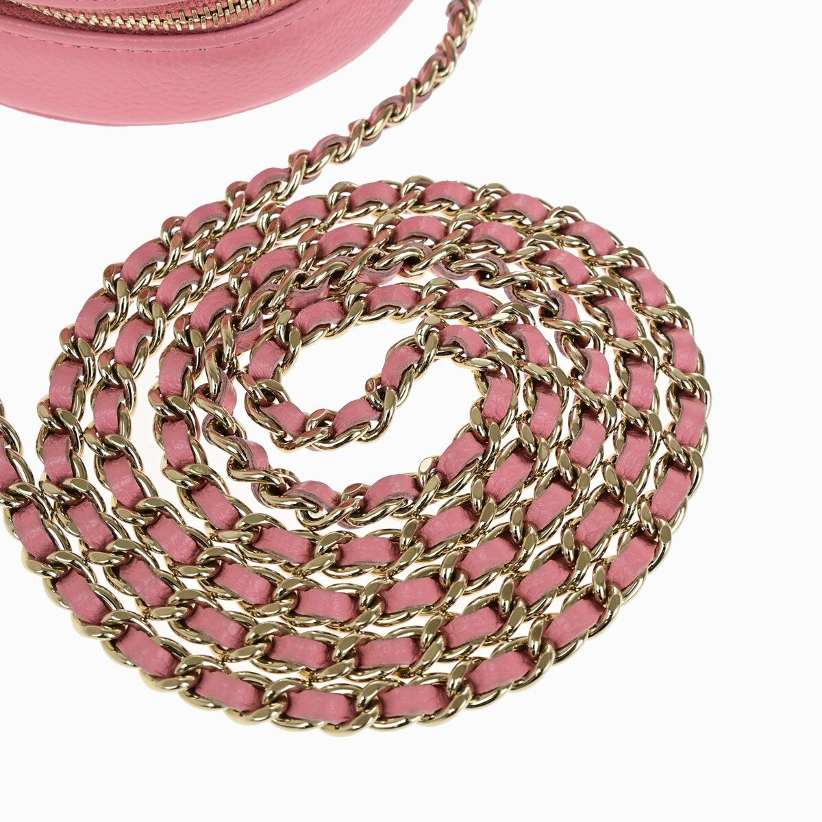 CHANEL CC Logo Camellia Round Mini Chain Shoulder Bag Grained Pink 337RK175