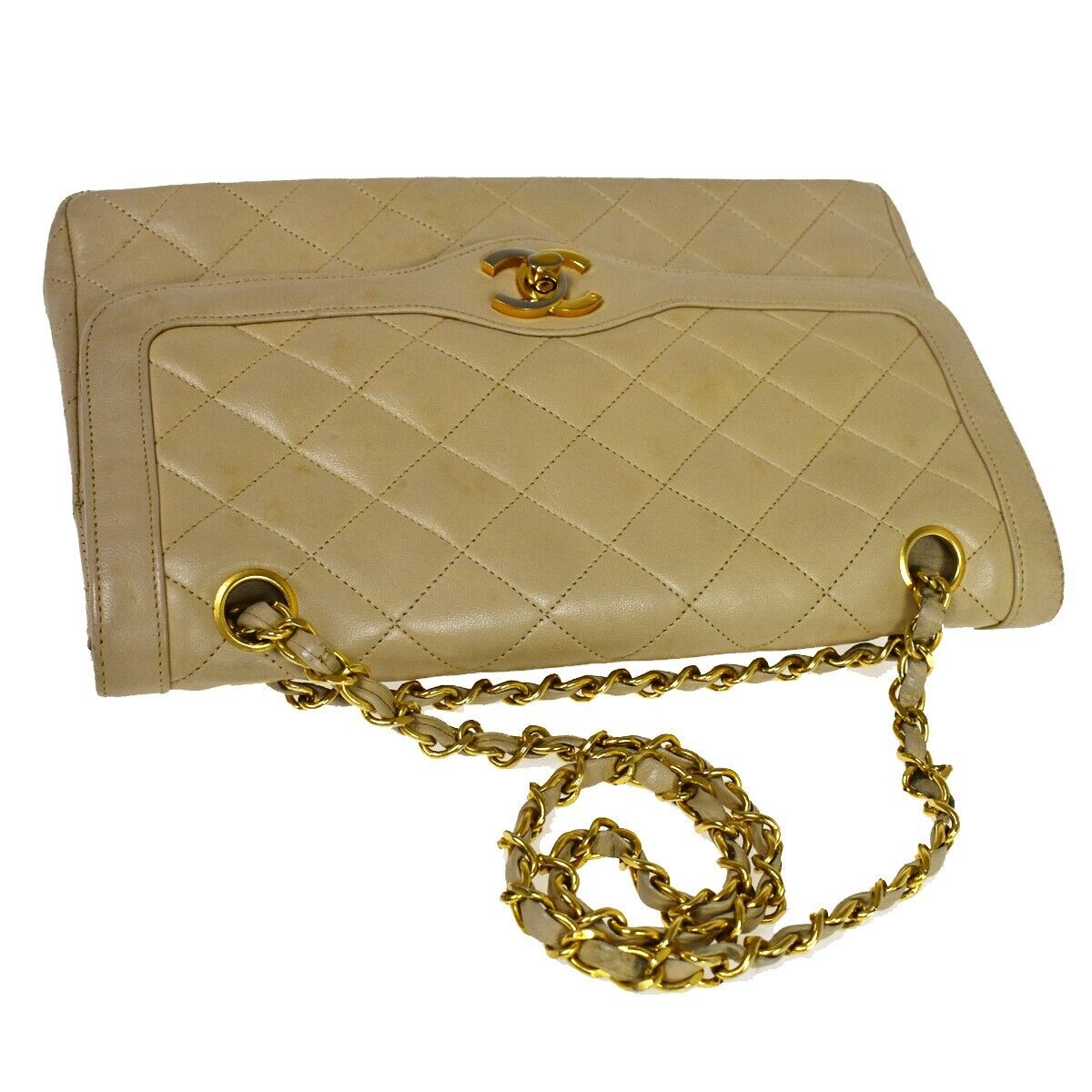 CHANEL CC Double Flap Paris Matelasse Chain Shoulder Bag Beige Vintage 648RH752
