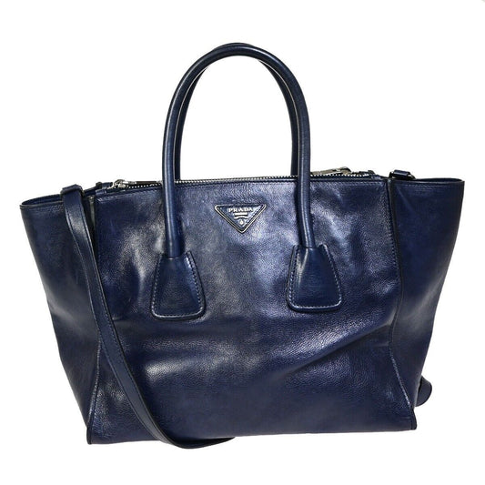 PRADA MILNO Logo 2Way Shoulder Hand Bag Leather Navy Blue Silver-plated 10HB961