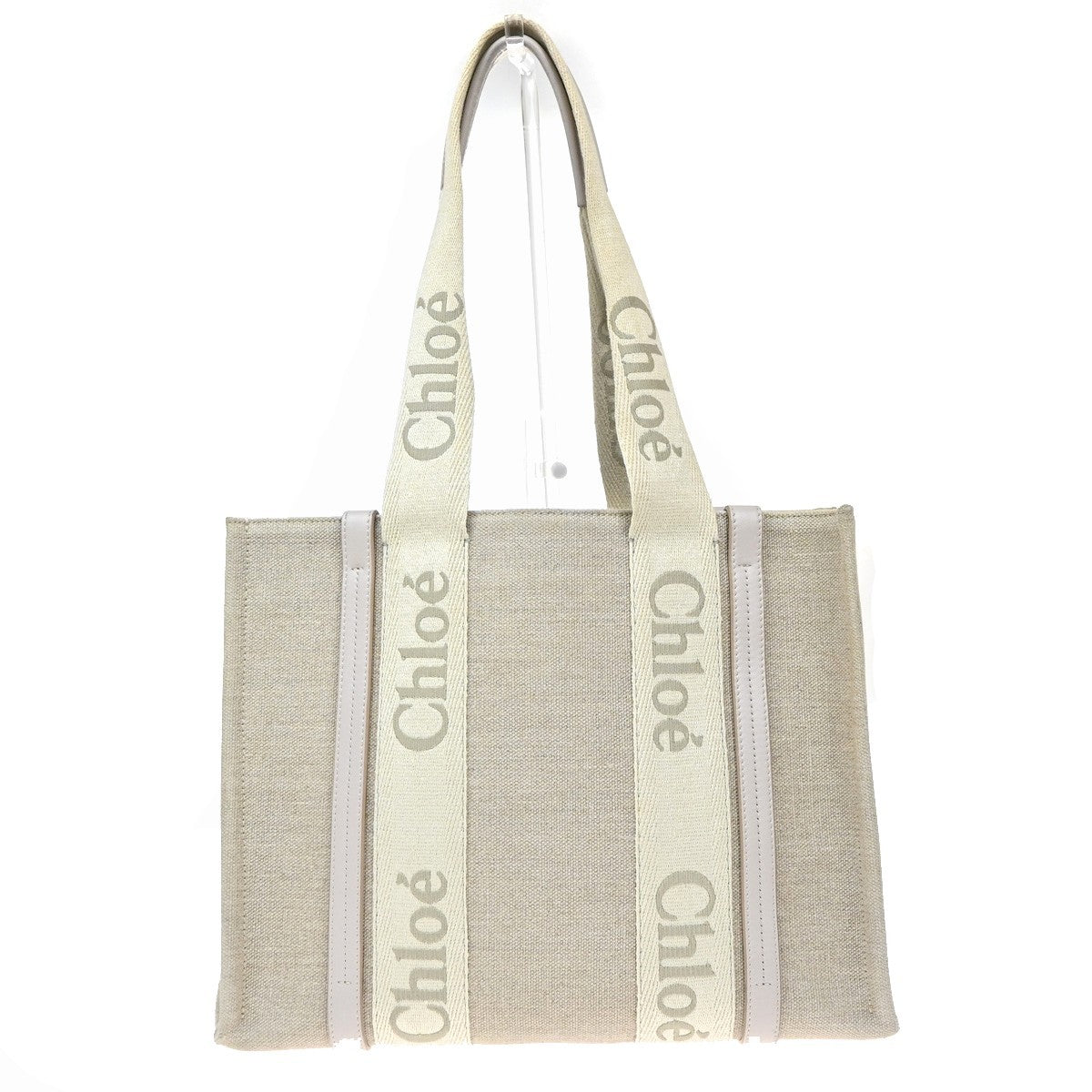 CHLOE Logo Woody Medium Shoulder Tote Bagi Linen Leather Beige Italy 84YJ242