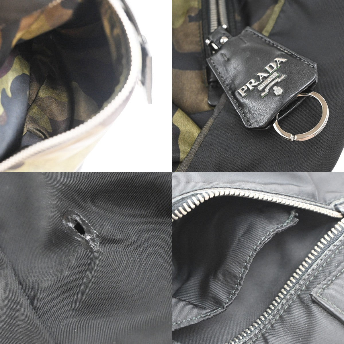 PRADA Logo Reversible Tessuto Hand Bag Nylon Leather Camouflage Black 35KP373