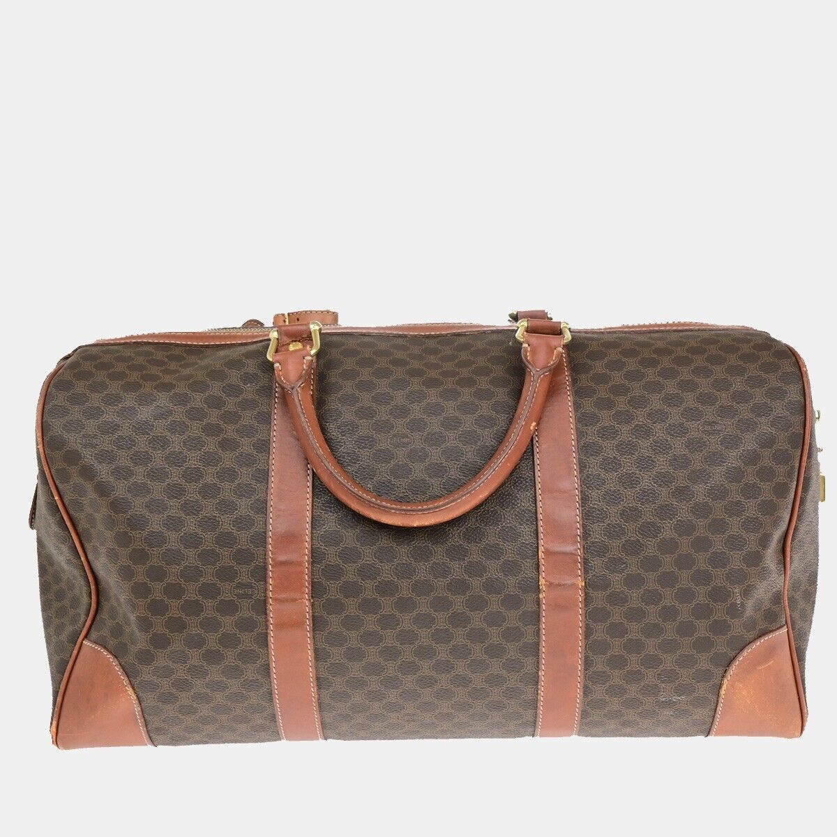 CELINE Macadam Pattern Travel Hand Bag PVC Leather Brown Gold Italy 64EB372