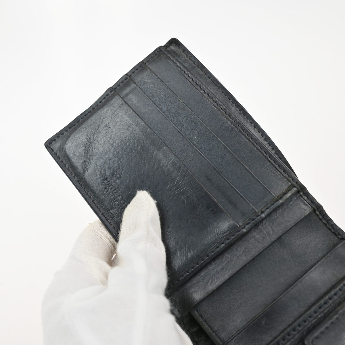 BOTTEGA VENETA Logo Intrecciato Bifold Compact Wallet Leather Navy Blue 07EE239