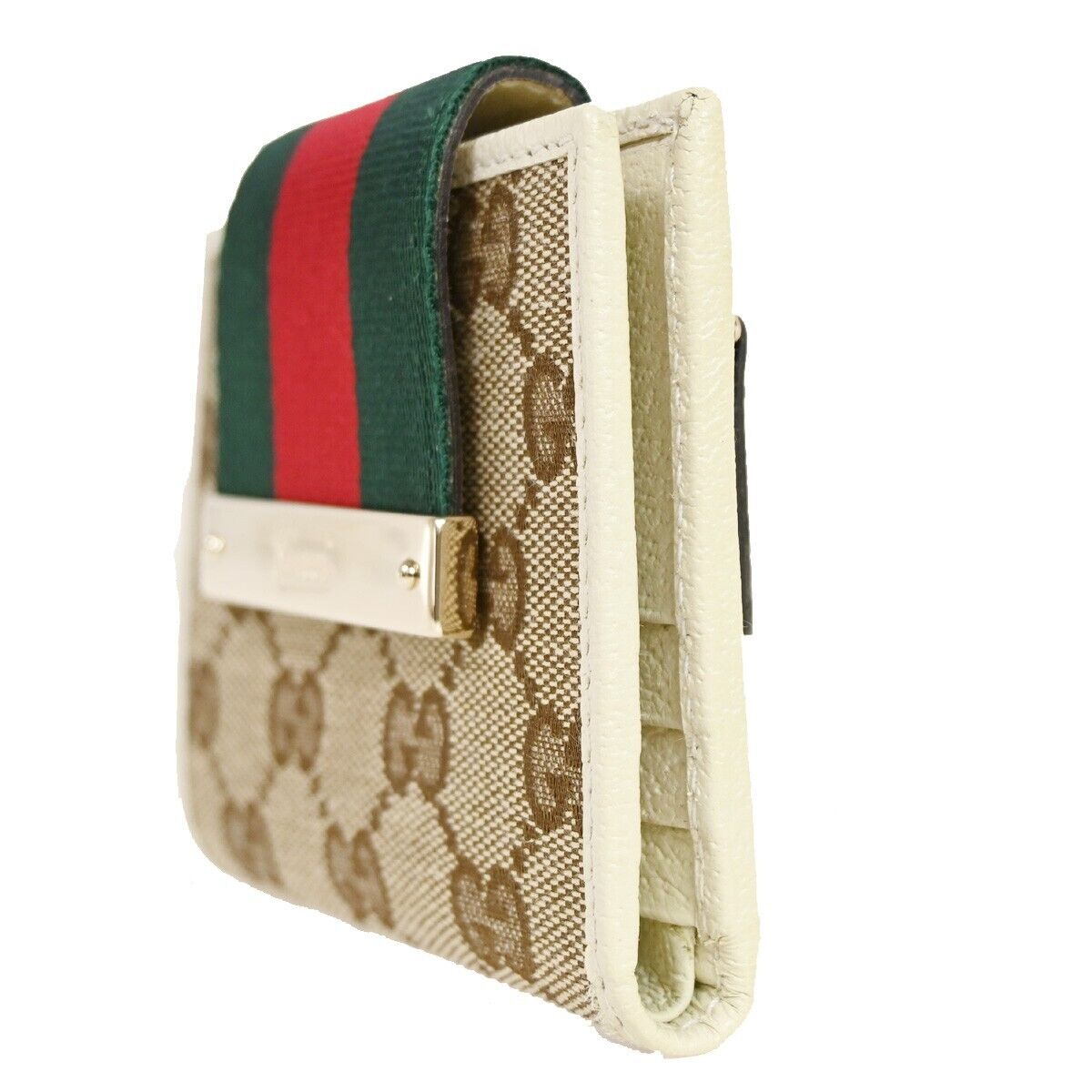 GUCCI Sherry GG Pattern Bifold Wallet Canvas Leather Brown White Gold 32RJ328