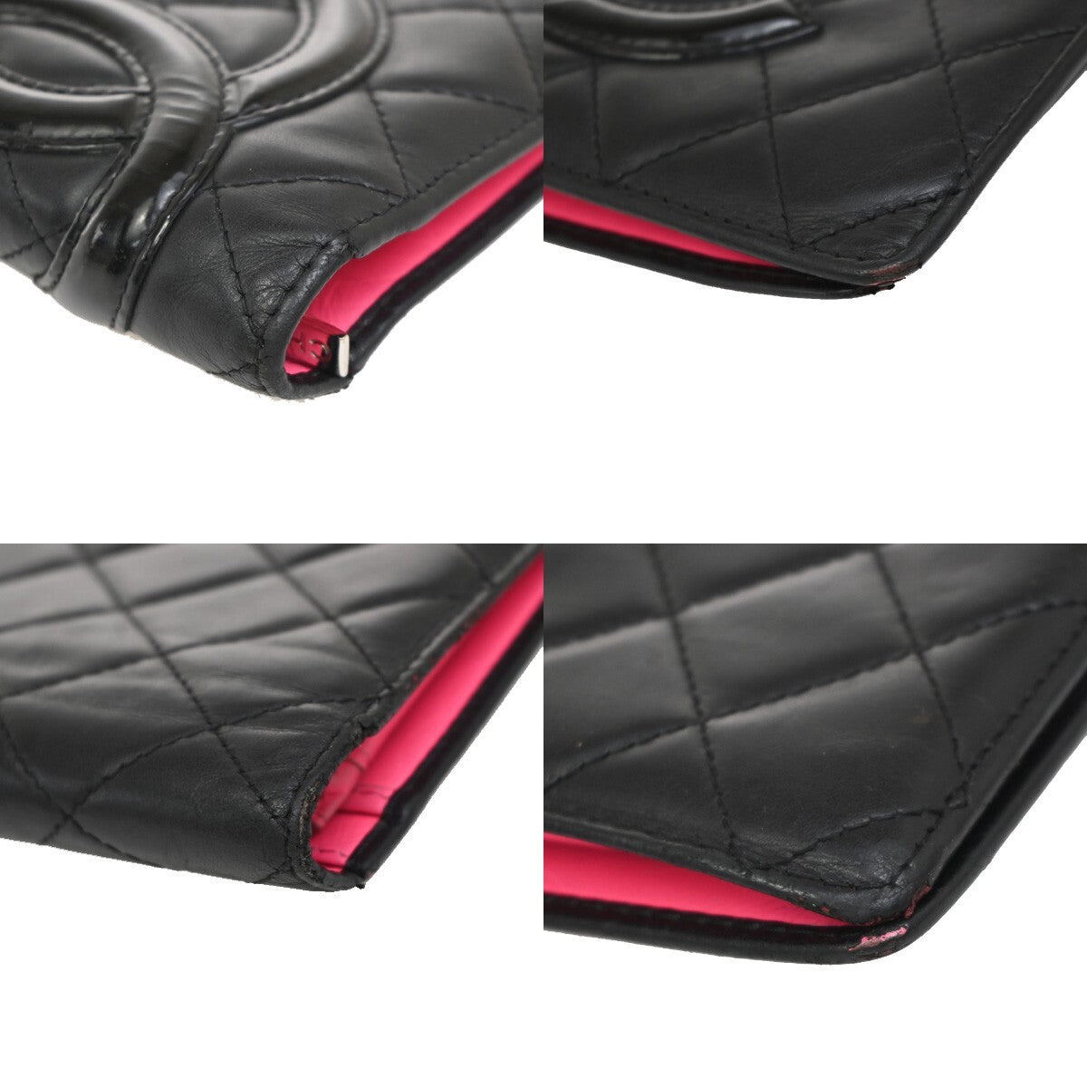 CHANEL CC Cambon Bifold Vertical Long Wallet Patent Leather Black Pink 67EE285