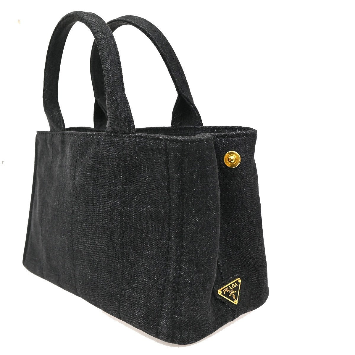 PRADA Milano Logo CANAPA Tote Hand Bag Denim Leather Black Gold Italy 73KC194