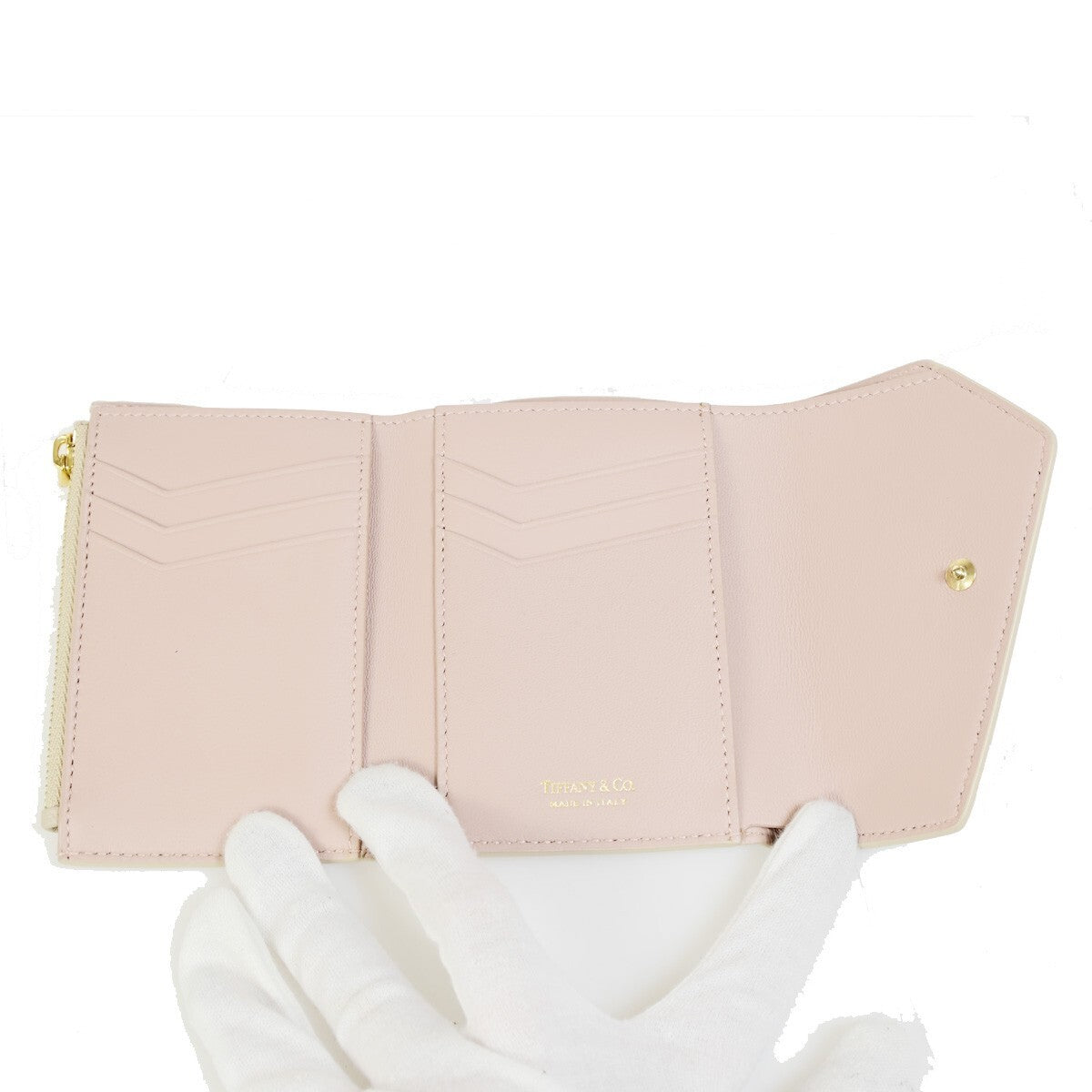 TIFFANY & CO. T Logo Trifold Wallet Purse Leather Beige GHW Italy 35RK271