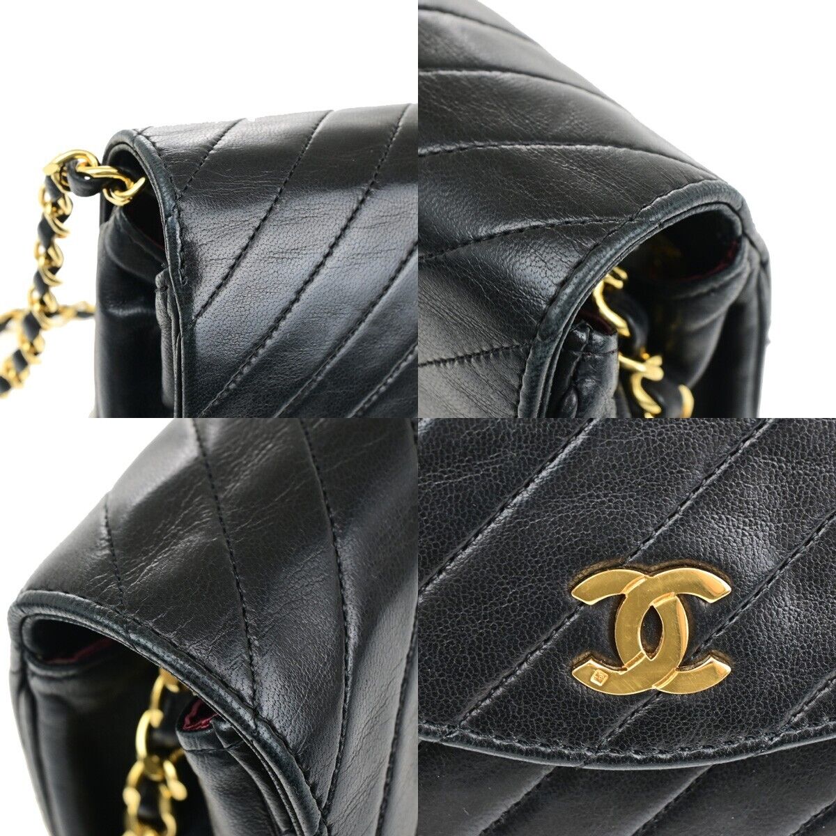 CHANEL CC Bias Stitch Chain Shoulder Bag Leather Black GHW Vintage 645RF150