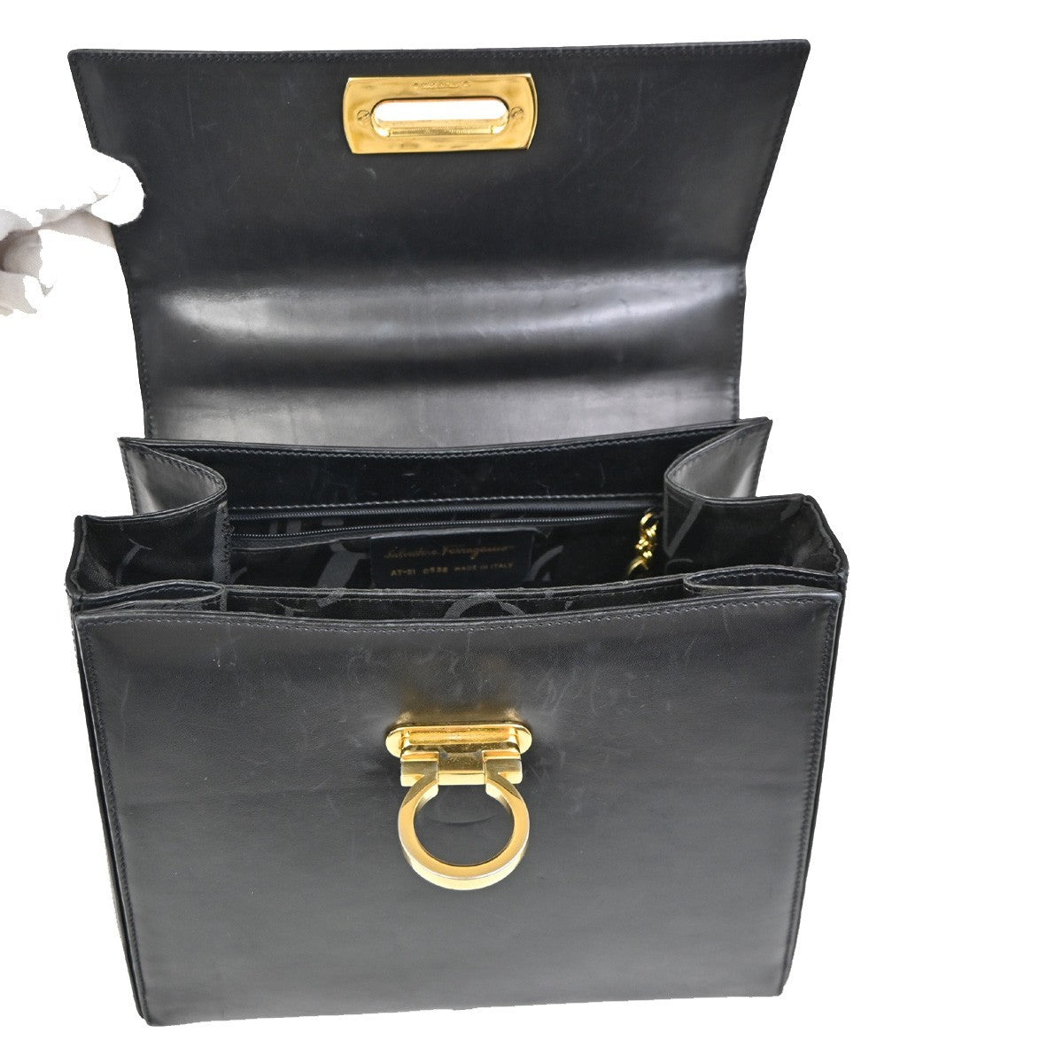 SALVATORE FERRAGAMO Gancini Hand Bag Leather Black GHW 38ZA214