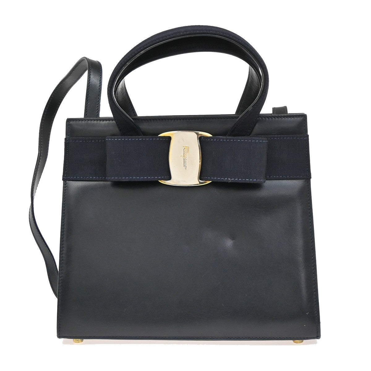 SALVATORE FERRAGAMO Vara Bow 2Way Handbag Canvas Leather Blue GHW Italy 36KB992