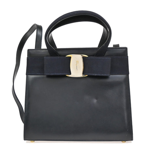 SALVATORE FERRAGAMO Vara Bow 2Way Handbag Canvas Leather Blue GHW Italy 36KB992
