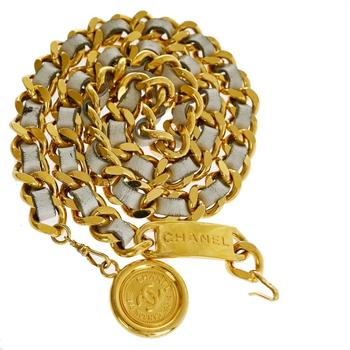 CHANEL CC Coin Medallion Charm Chain Belt Leather White GHW Accessory 95RJ347