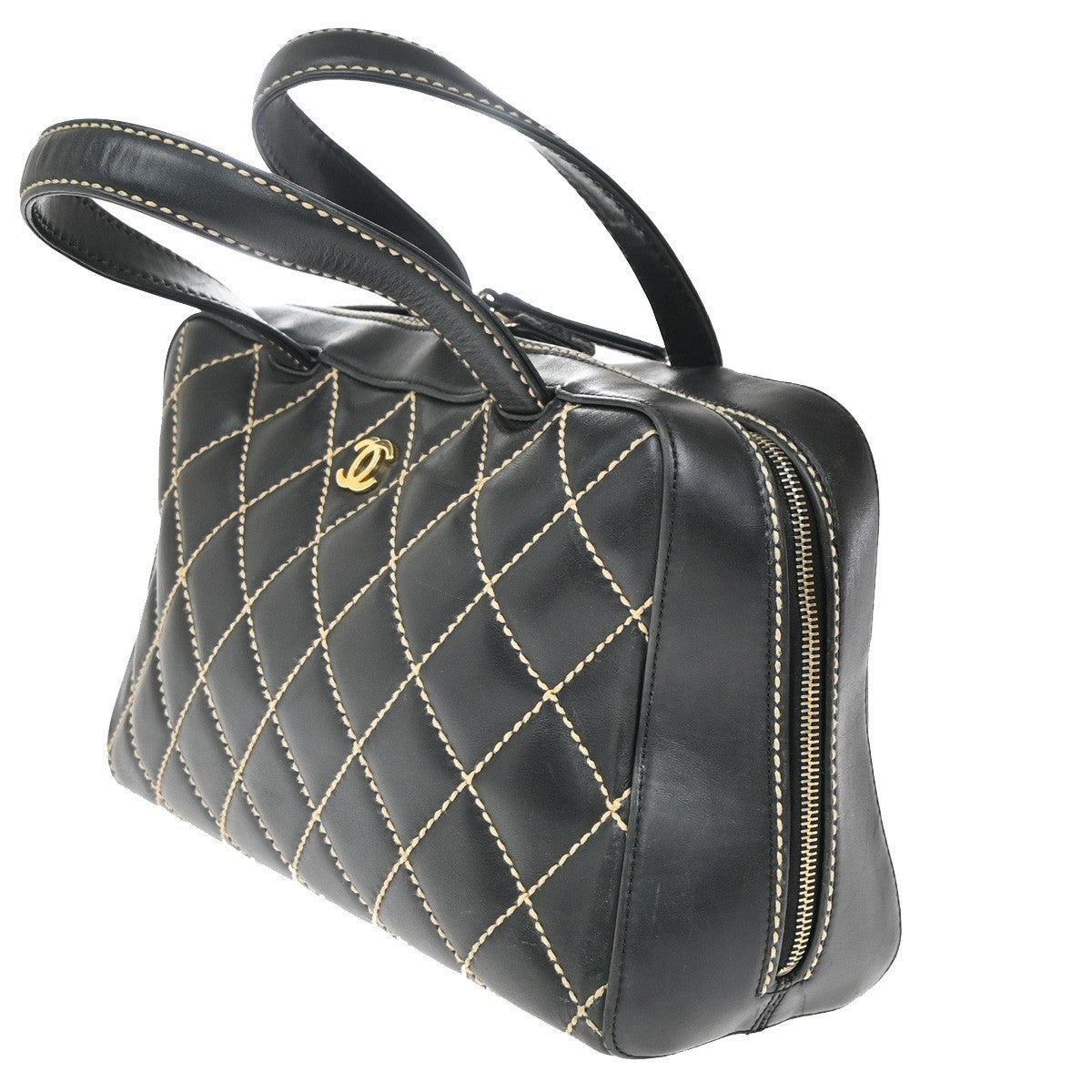 CHANEL CC Logo Wild Stitch Matelasse Hand Tote Bag Leather Black Italy 57RP095