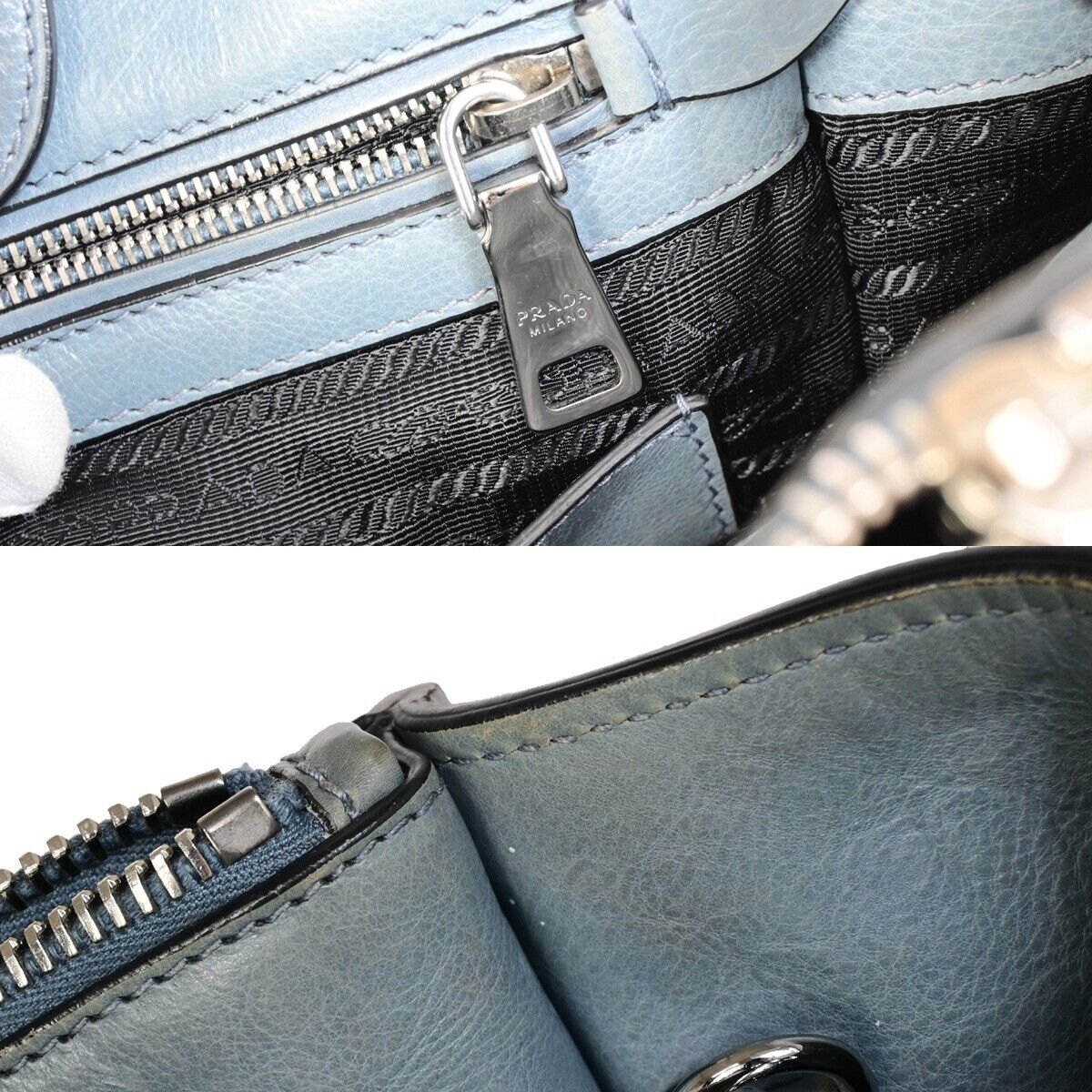 PRADA MILANO Logo 2Way Shoulder Hand Bag Leather Blue Silver Italy 88HC034