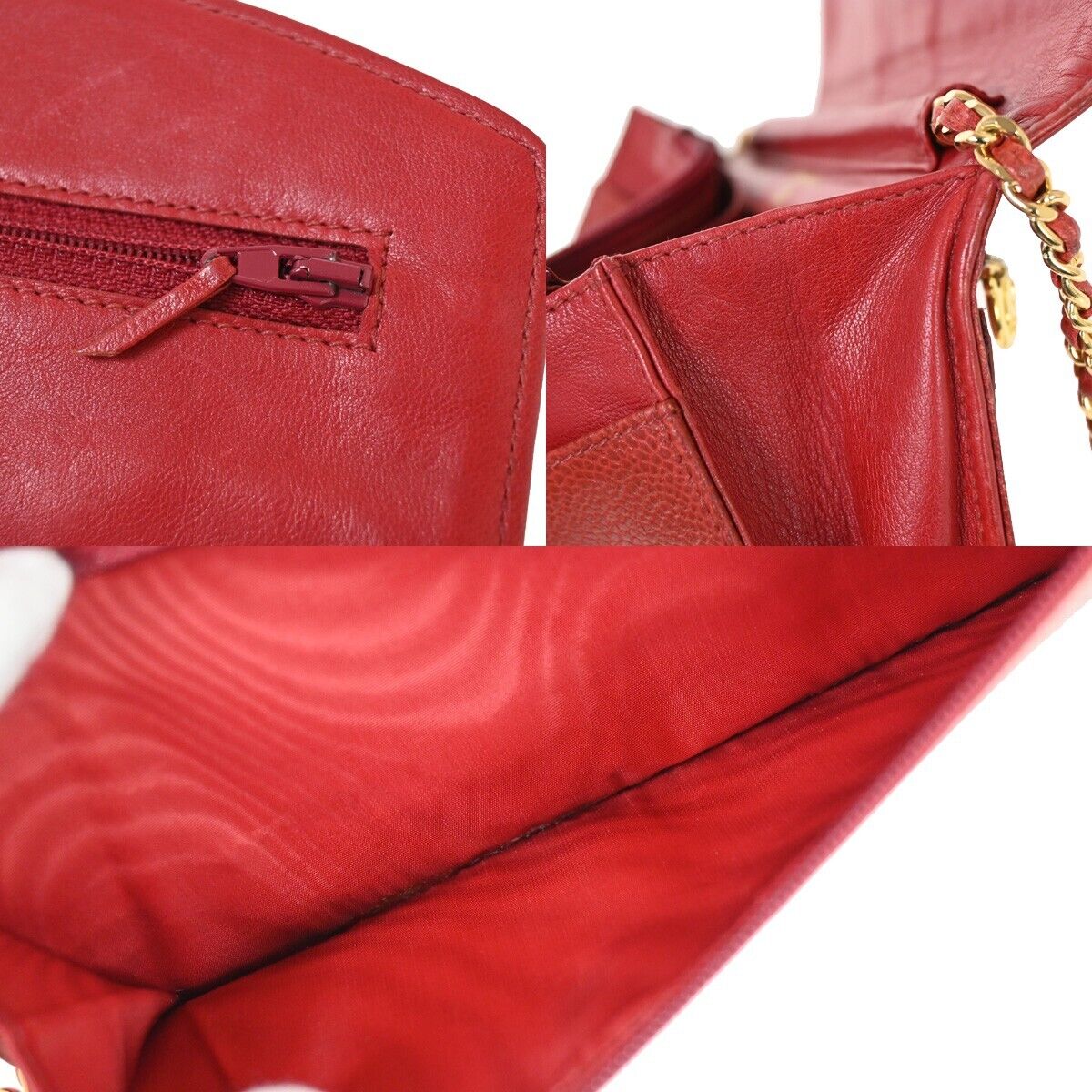 CHANEL CC Logo Chain Shoulder Bag Bifold Wallet Caviar skin Leather Red 671RJ655