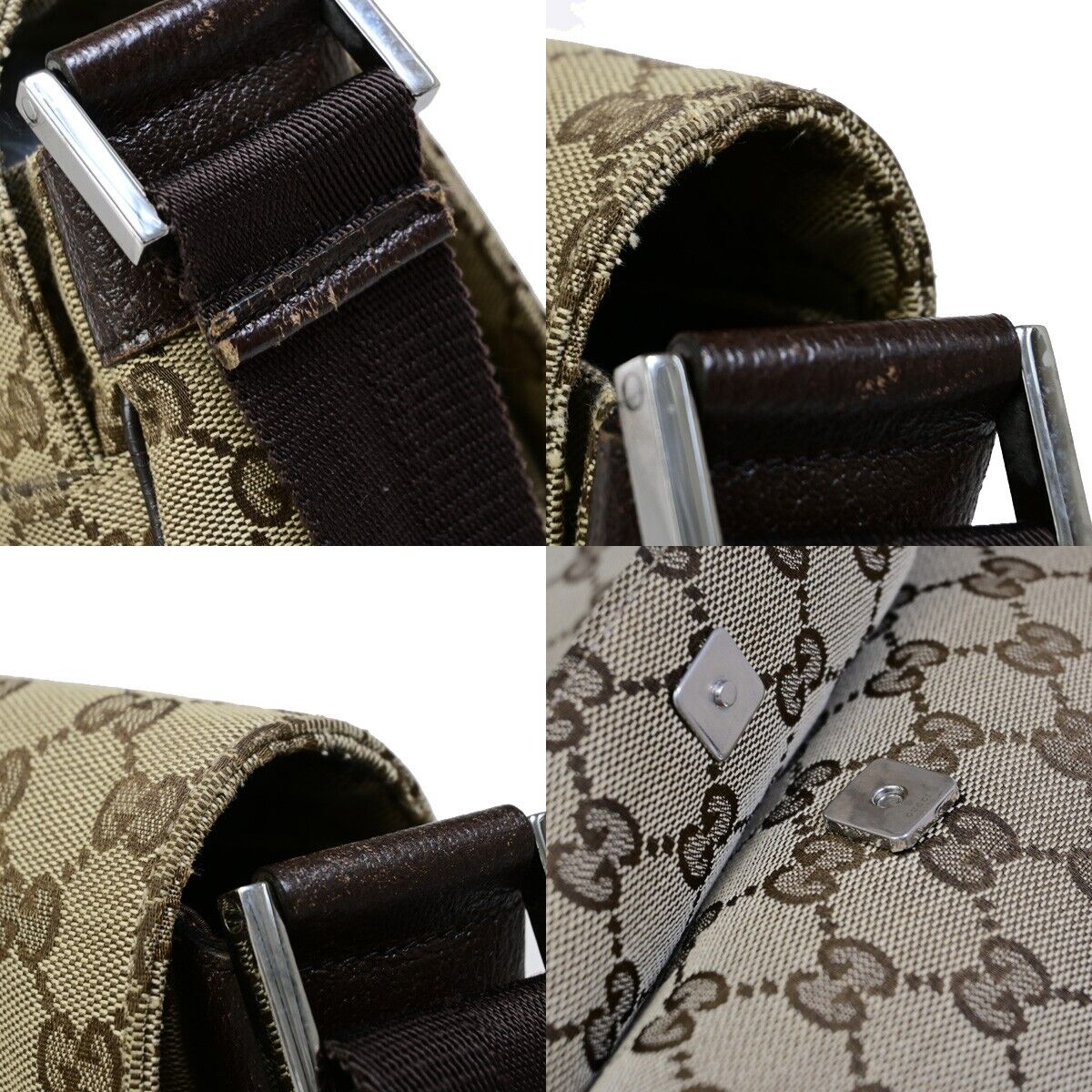 GUCCI Logo GG Pattern Shoulder Bag Canvas Leather Brown Silver Italy 80EB802
