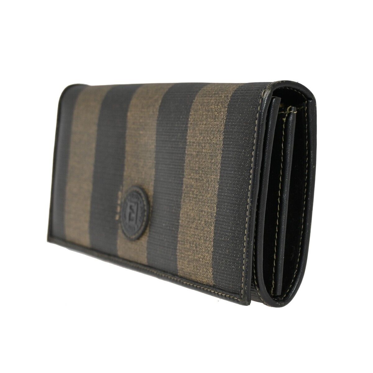 FENDI Logo Pequin Bifold Long Wallet Purse PVC Leather Brown Black Italy 04RH855