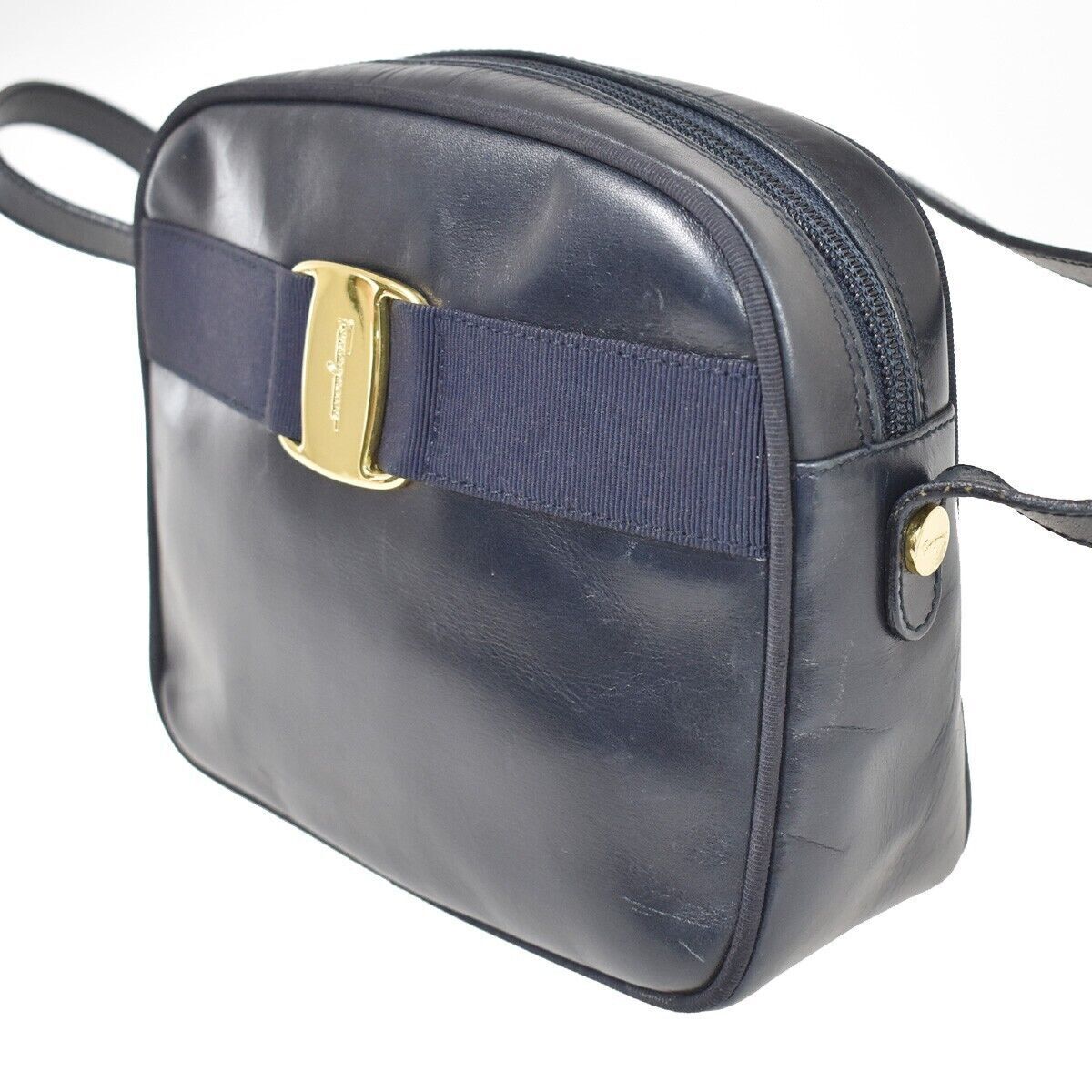 SALVATORE FERRAGAMO Vara Crossbody Mini Shoulder Bag Leather Blue Gold 66YC241