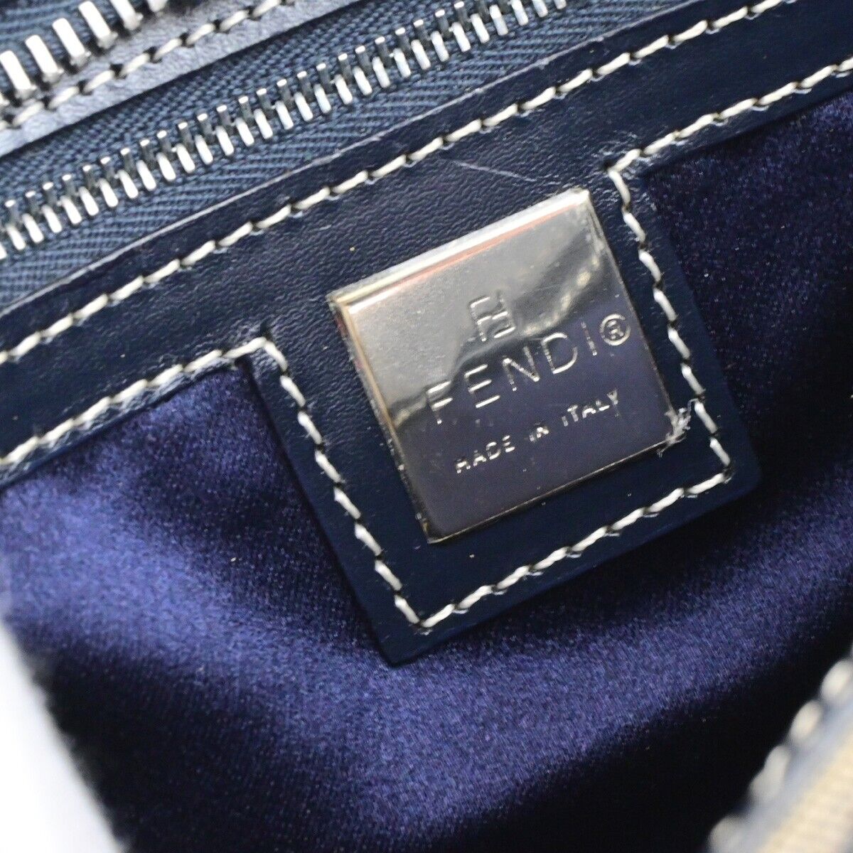 FENDI Logo Zucca Pattern Shoulder Bag Canvas Leather Navy Blue Italy 83KA549
