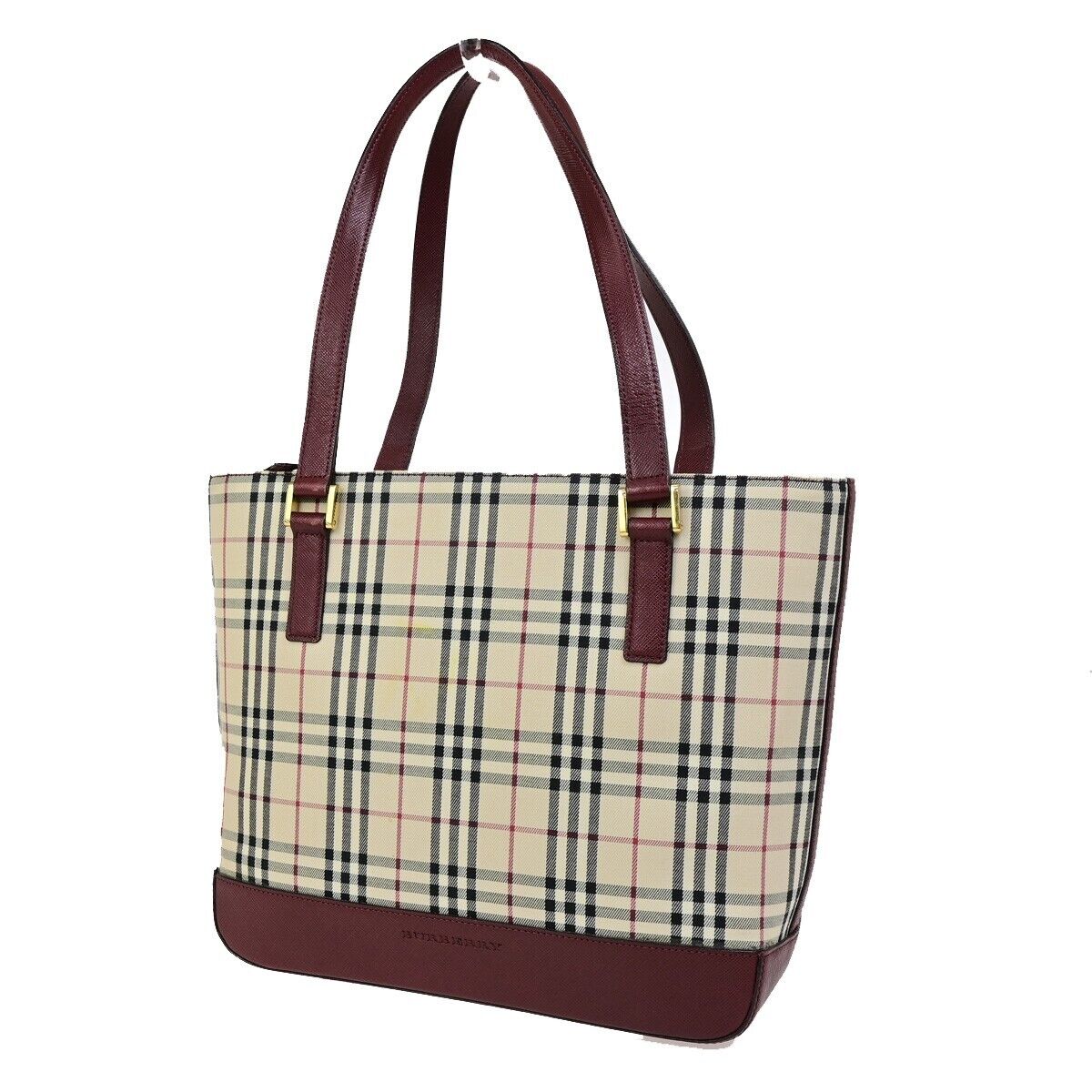 BURBERRY Logo Hand Bag Nova Check Canvas Leather Burgundy GHW 83RK727
