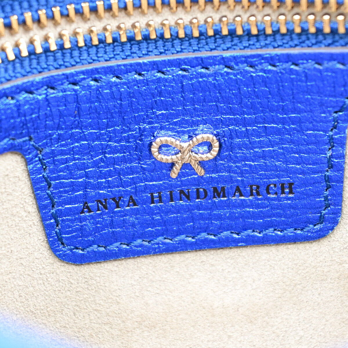 ANYA HINDMARCH Logo Smiley Wink Tassel Clutch Hand Bag Leather Blue 01KA261