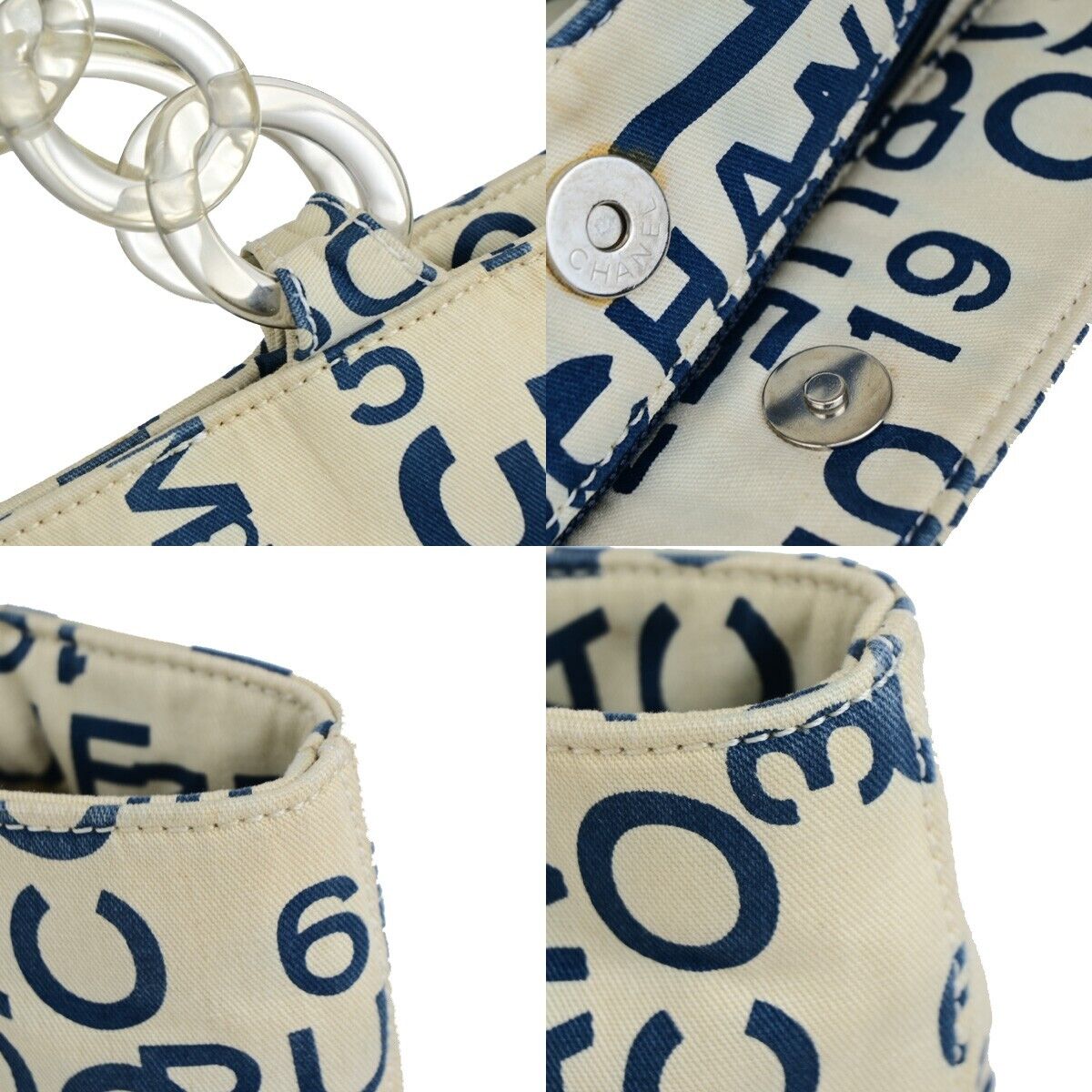 CHANEL Logo By Sea Shoulder Tote Bag Canvas Leather White Blue Italy 85EC913