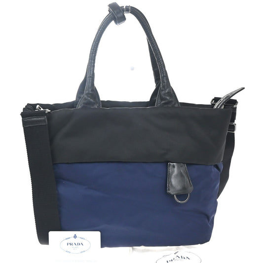 PRADA Tessuto Bicolor 2Way Shoulder Hand Bag Nylon Leather Black Blue 77KC624