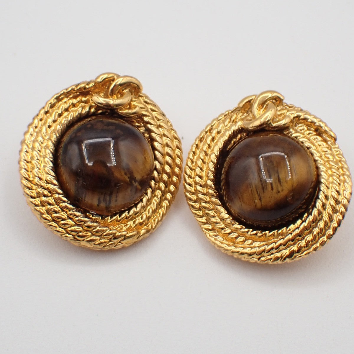 CHANEL CC Logo round Button Earrings Clip-On Color Stone Gold Brown 30RF761