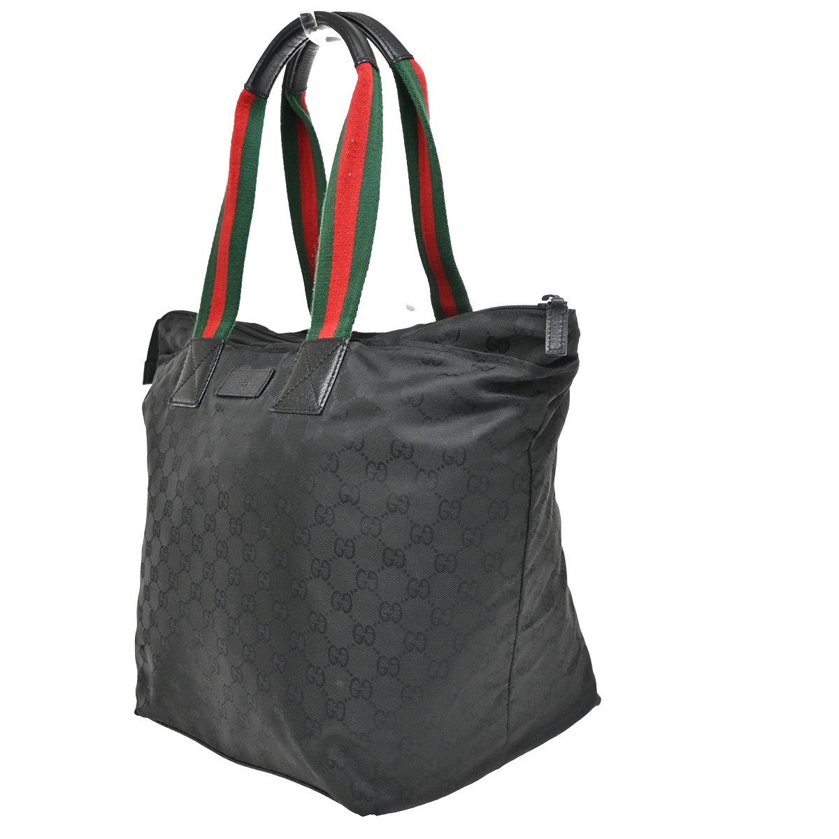 GUCCI Logo GG Sherry Tote Hand Bag Nylon Leather  Black SHW Italy 64CA244
