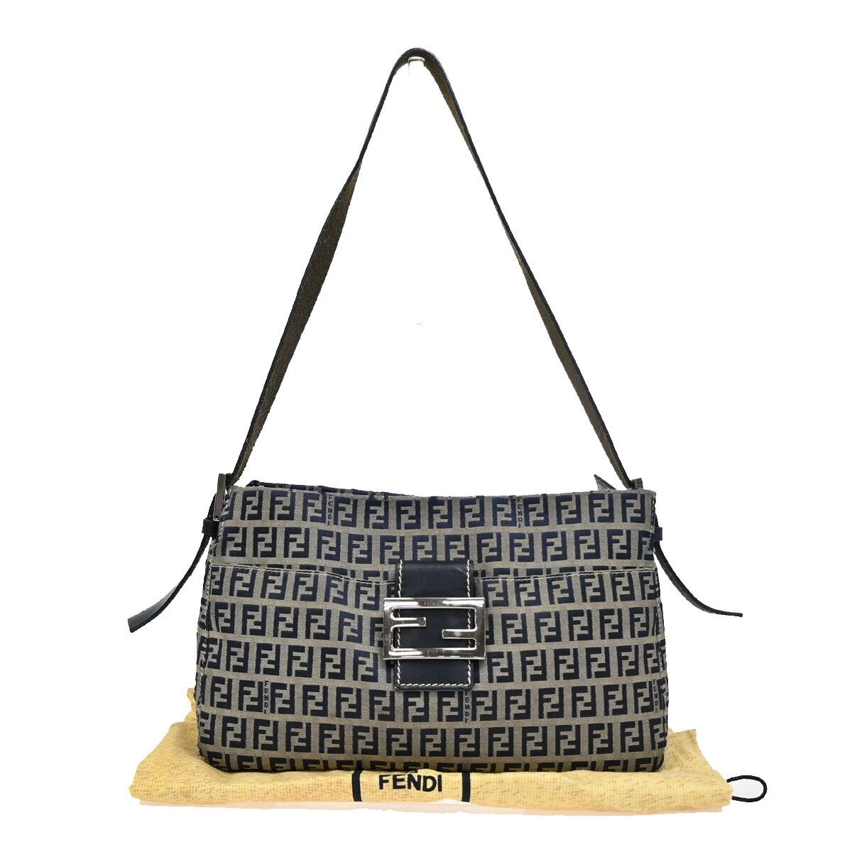 FENDI Logo Zucchino Pattern Shoulder Bag Canvas Leather Navy Blue Silver 70EE283