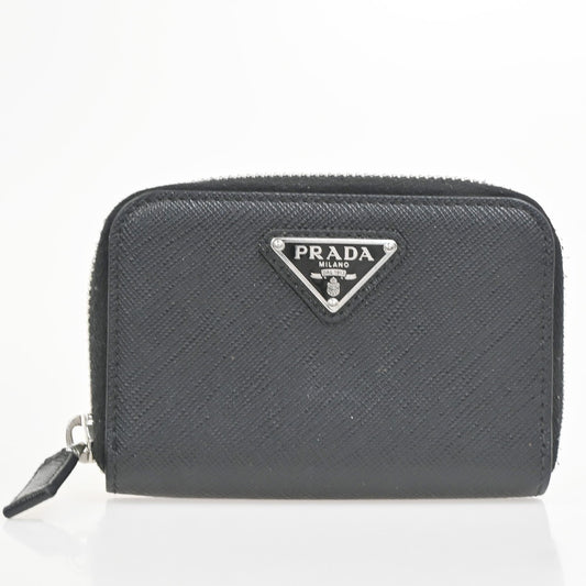 PRADA Saffiano Zip Around Compact Wallet Coin Case Leather BK SHW Italy 33YJ019
