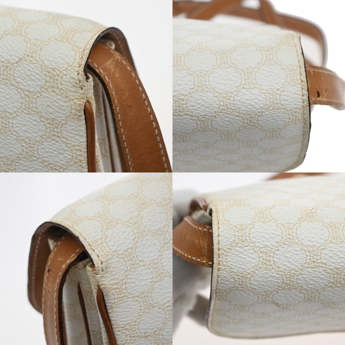 CELINE Macadam Pattern Crossbody Shoulder Bag PVC Leather White Brown  87KC778