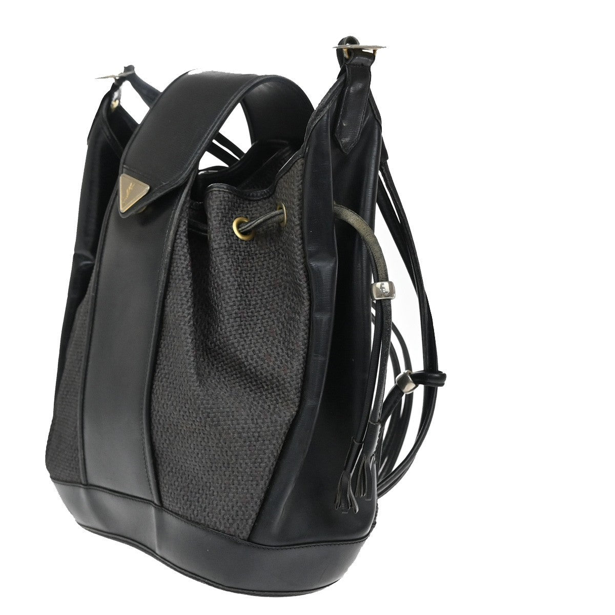 YVES SAINT LAURENT YSL Bucket Shoulder Bag Canvas Leather Black Purple 60EG053