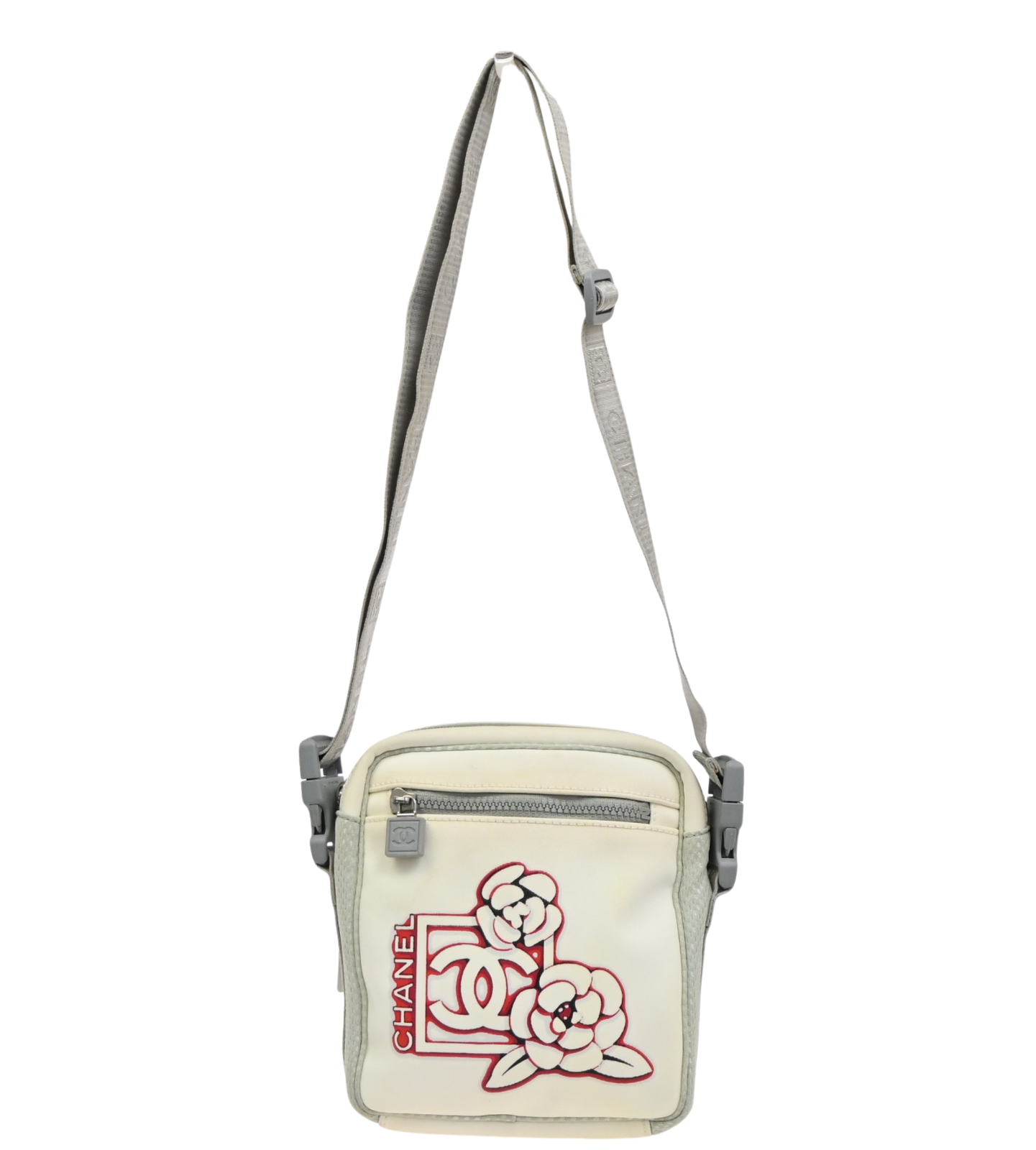 CHANEL CC Logo Sport Line Camellia Shoulder Bag Nylon White SHW Italy 74ZA283