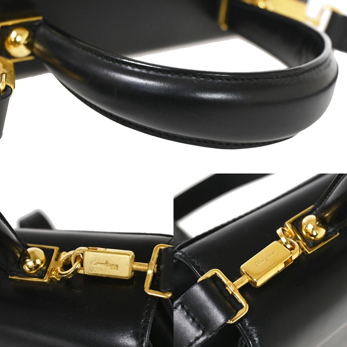 SALVATORE FERRAGAMO 2Way Gancini Shoulder Hand Bag Leather Black Gold 77SH468