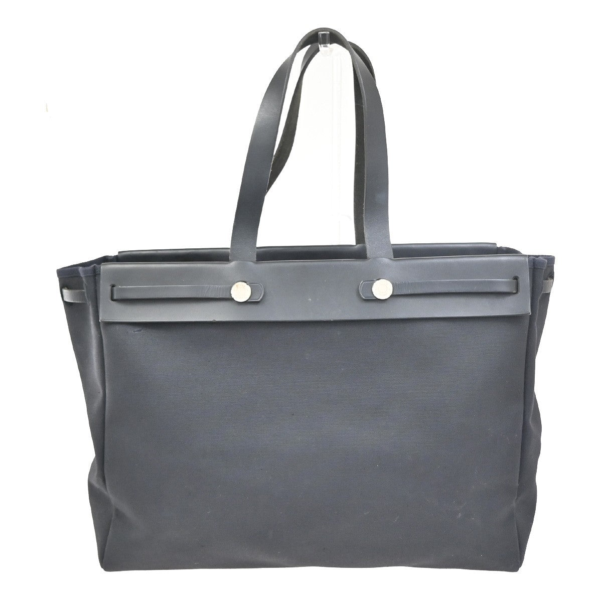 HERMES Her Bag Cabas Shoulder Hand Bag Canvas Leather Black SHW France 84RL826