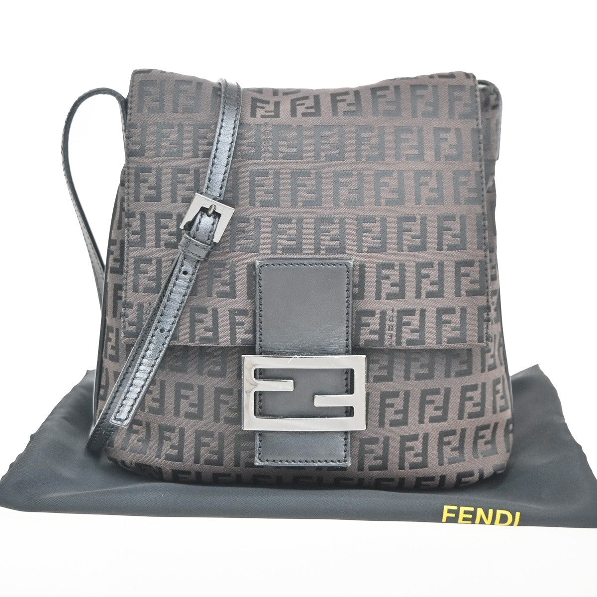 FENDI Logo Zucchino Pattern Shoulder Bag Canvas Leather BN BK Italy 38KC820