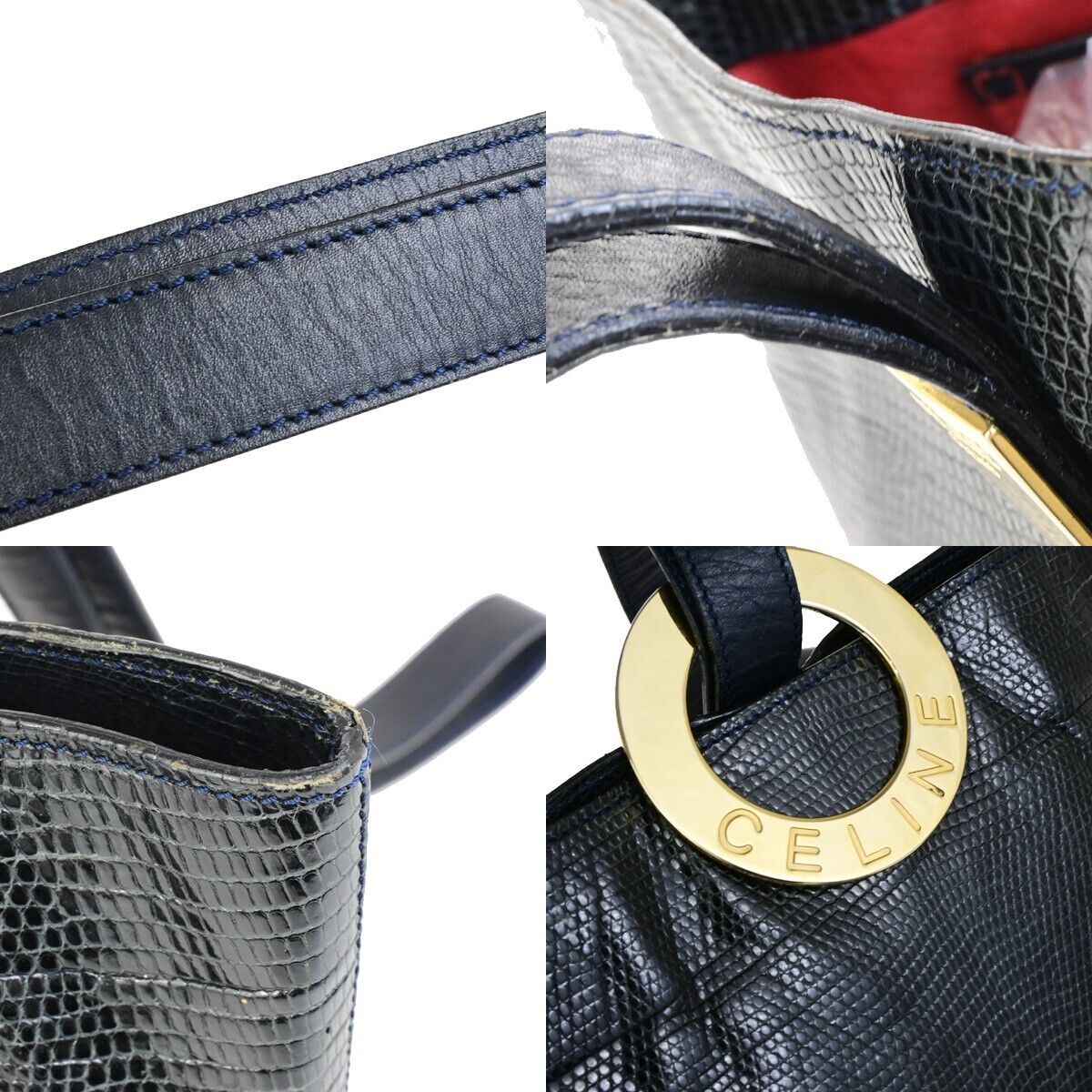 CELINE Logo Circle Shoulder Bag Exotic Leather Navy Blue GHW Italy 82KA435