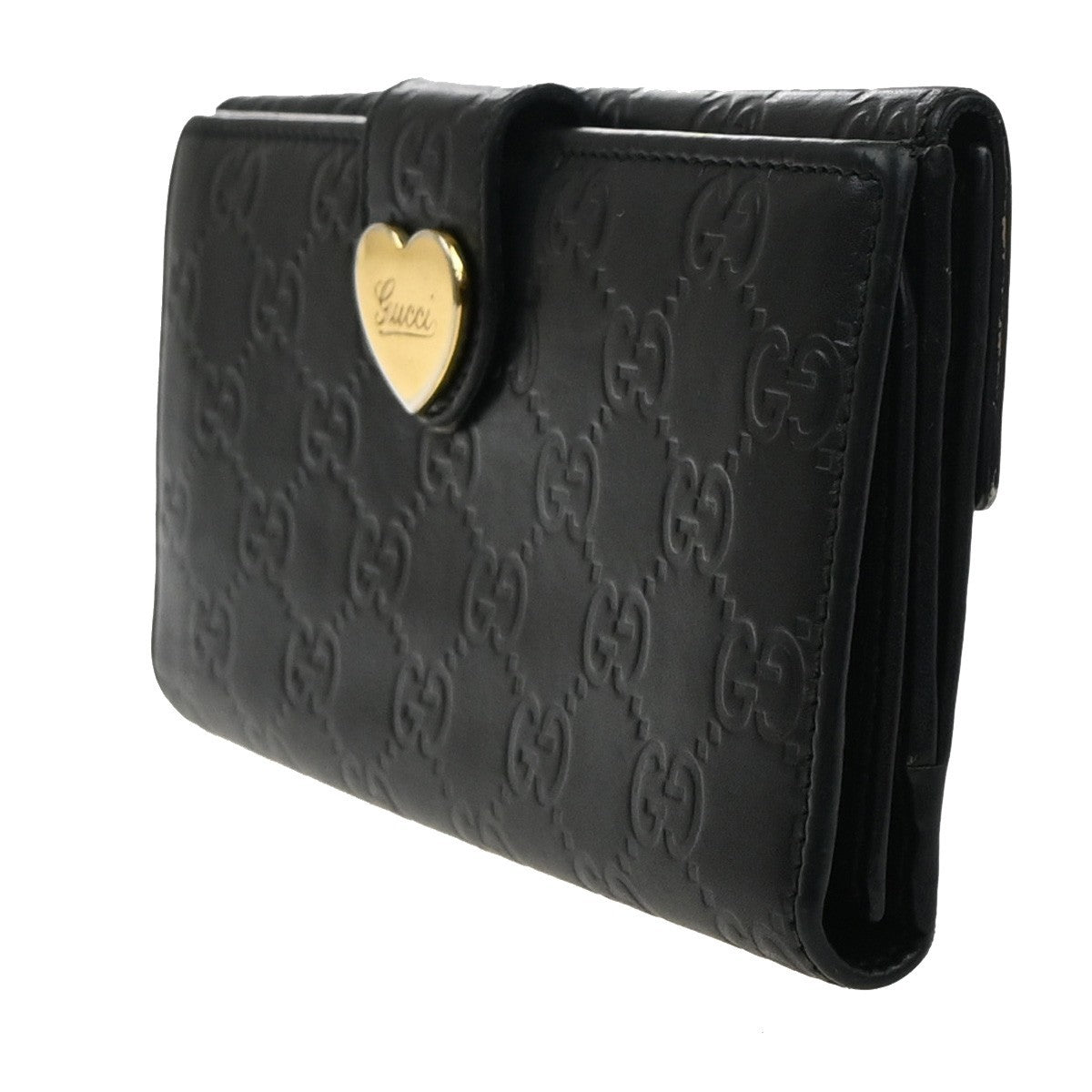 GUCCI Logo Guccissima GG Lovely Heart Bifold Long Wallet Leather Black 02KD033