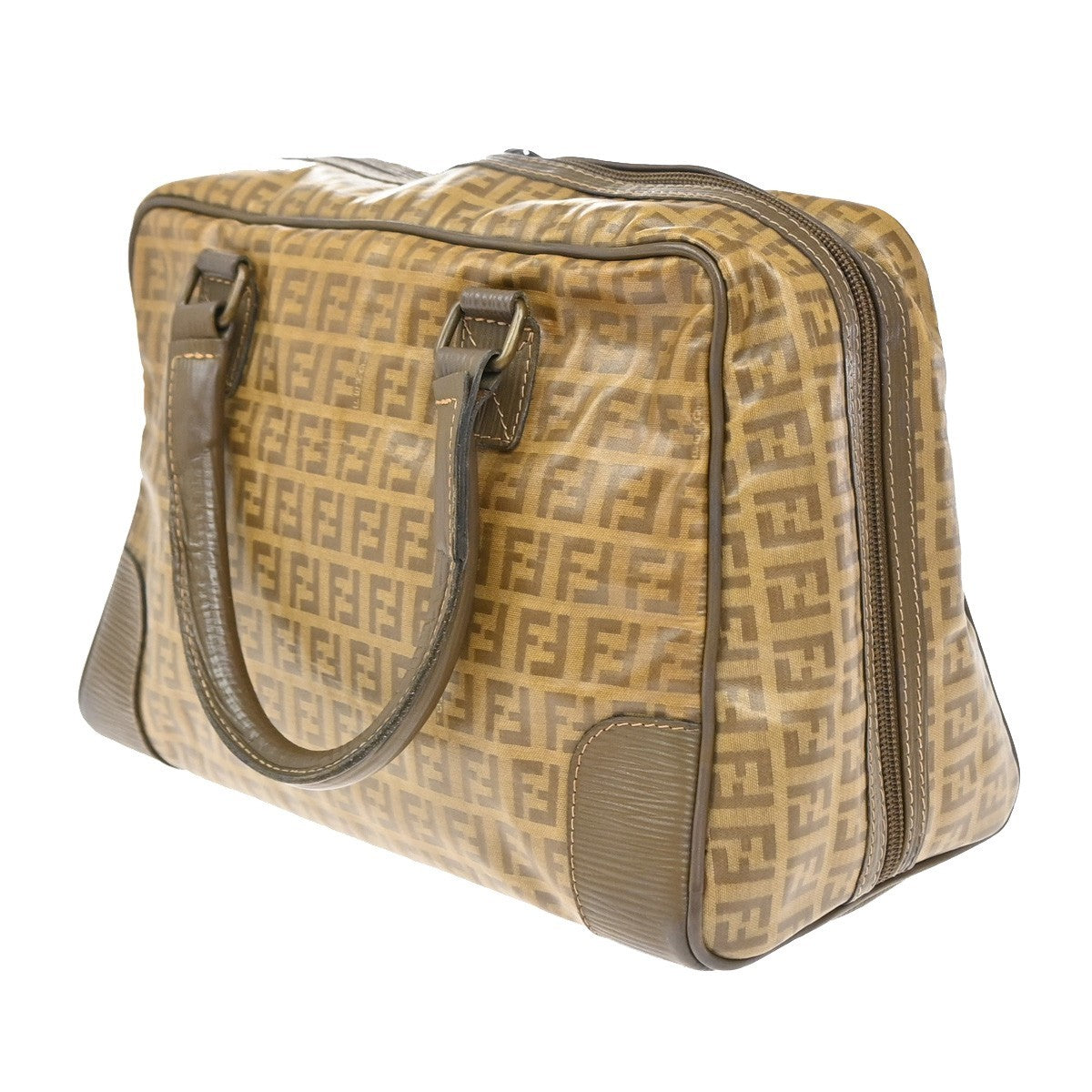 FENDI Logo Zucchino Pattern Hand Bag Coating Canvas Leather Brown 62KP355