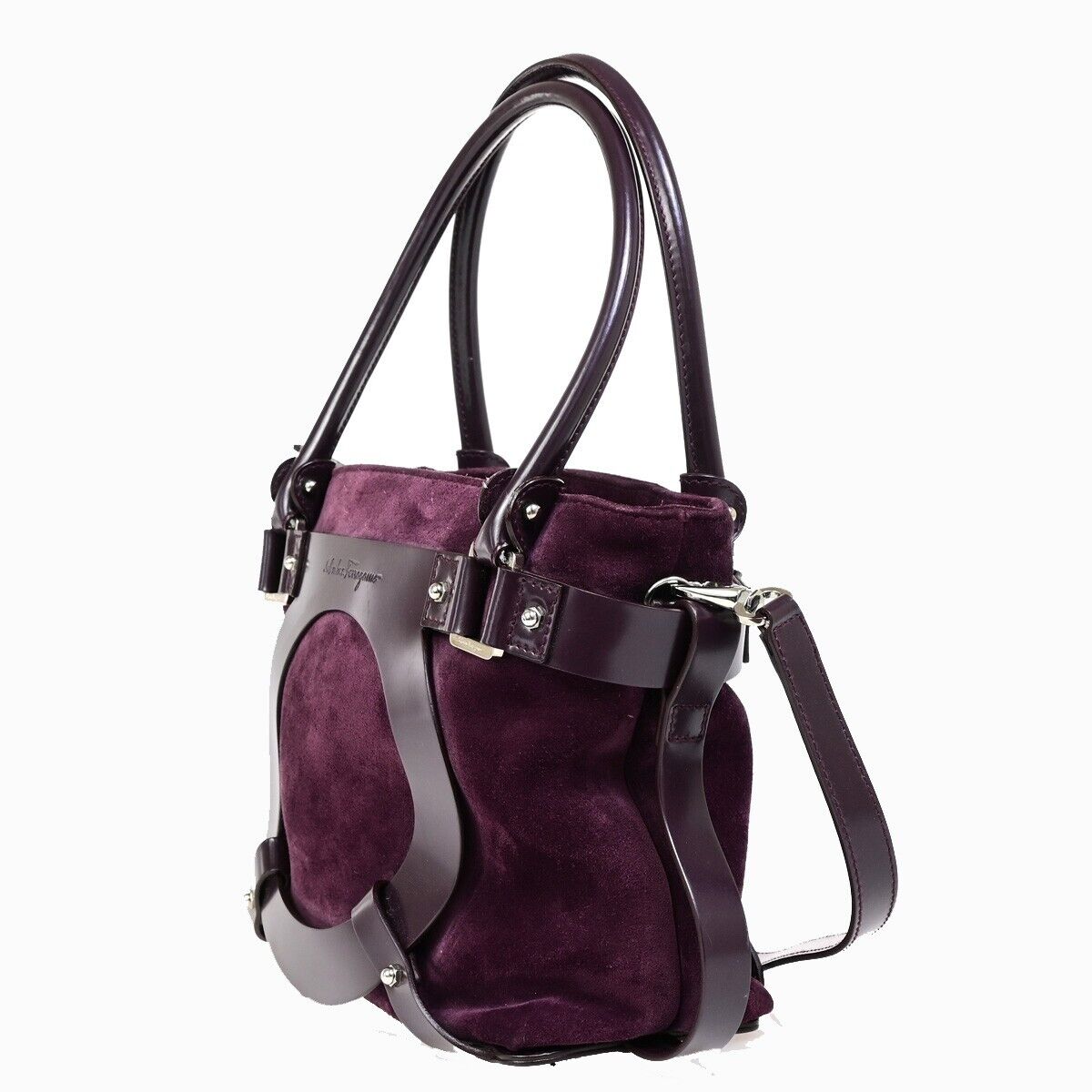 SALVATORE FERRAGAMO Gancini 2Way Shoulder Hand Bag Suede Leather Purple 68EB864