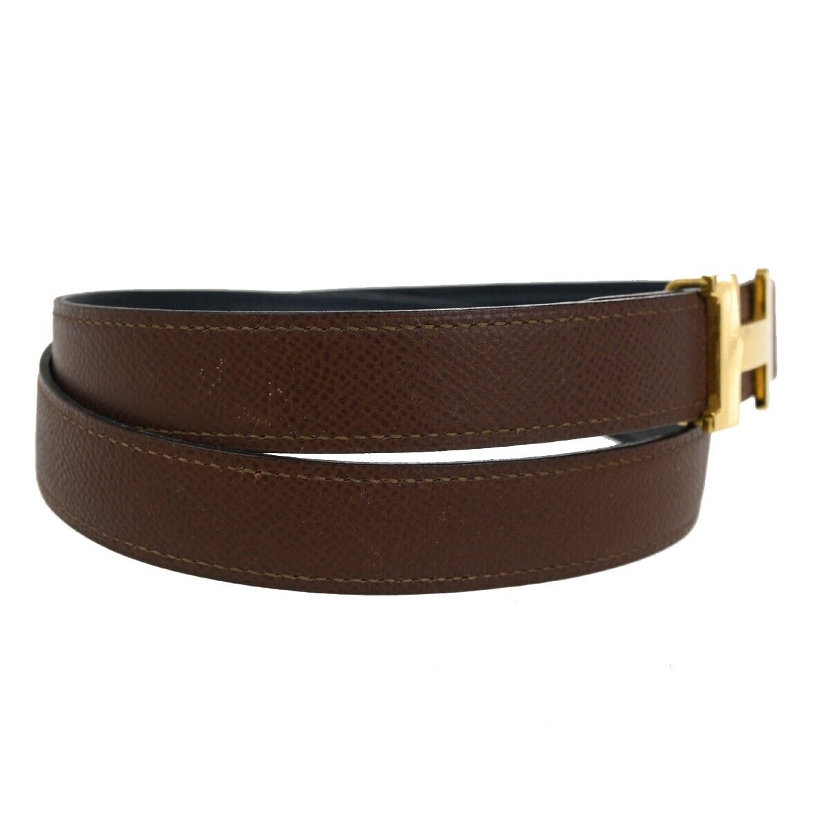 HERMES H Logo Constance Reversible Buckle Belt #80 Leather Blue Brown 65YG455