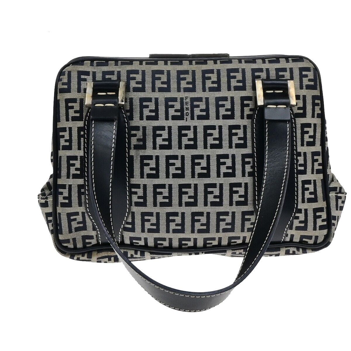 FENDI Logo Zucchino Pattern Hand Bag Nylon Leather Navy Blue Silver 31KA551