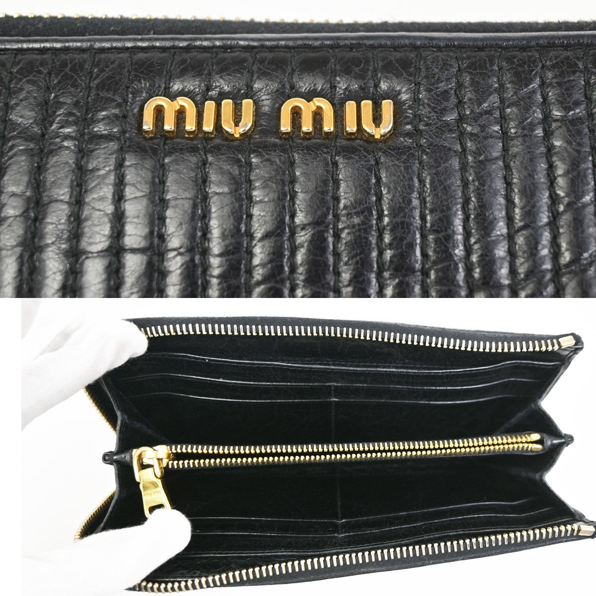 MIU MIU LOGO Matelasse Long Zipper Around Wallet Leather Black GHW 63KD079