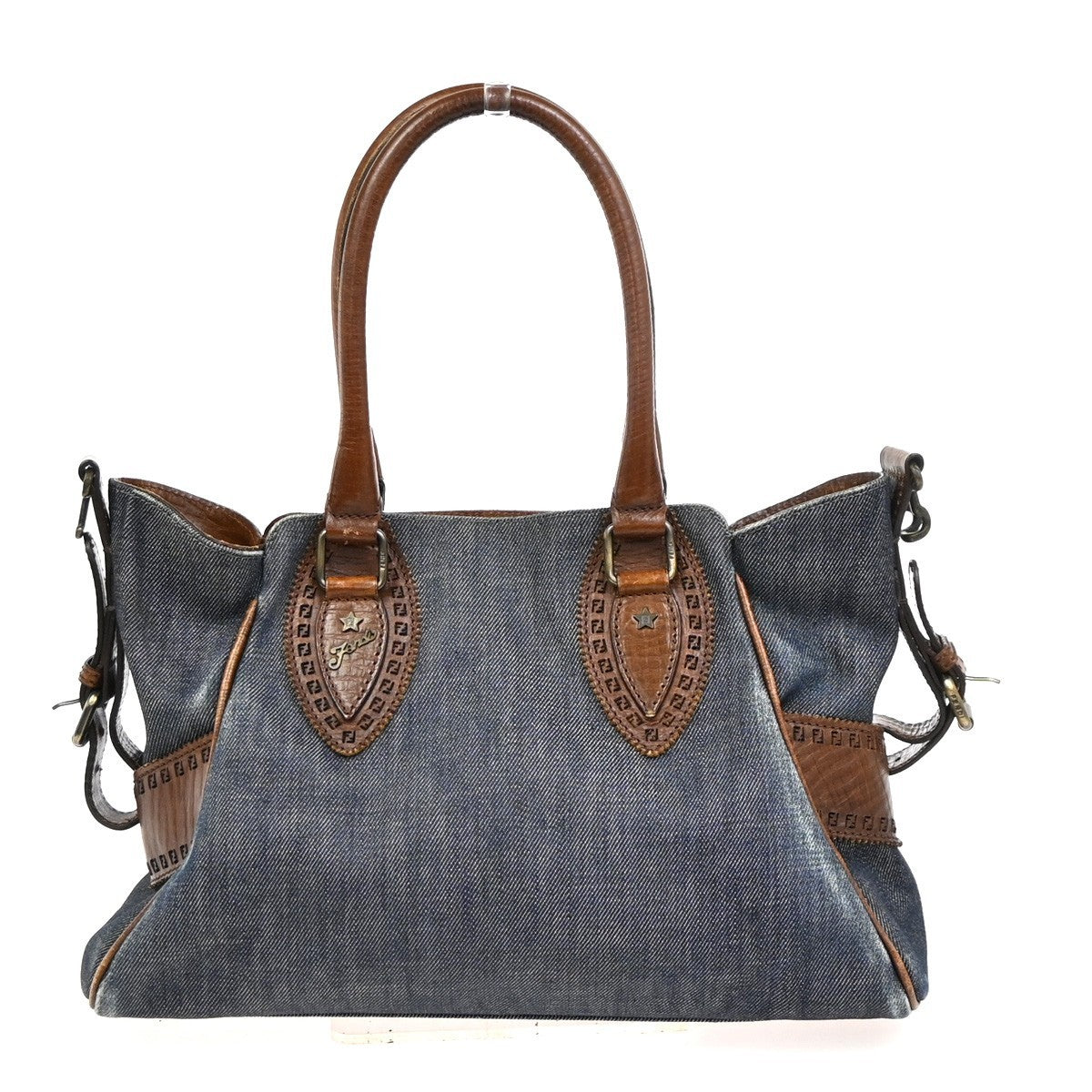 FENDI Logo Etnico Shoulder Hand Bag Denim Leather Blue Brown GHW Italy 87ZA254