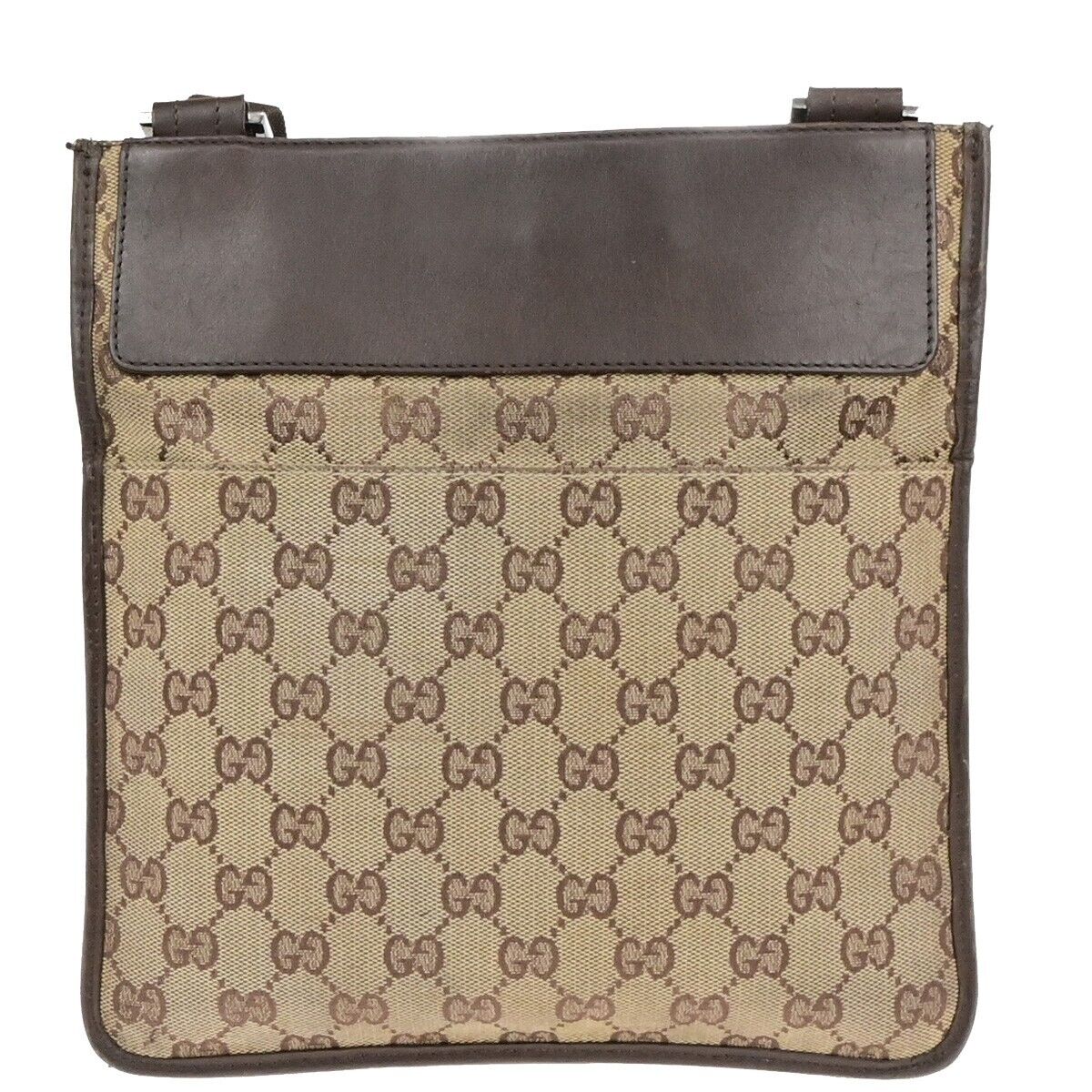 GUCCI Logo GG Pattern Shoulder  Bag Canvas Leather Brown Silver Italy 66ED404